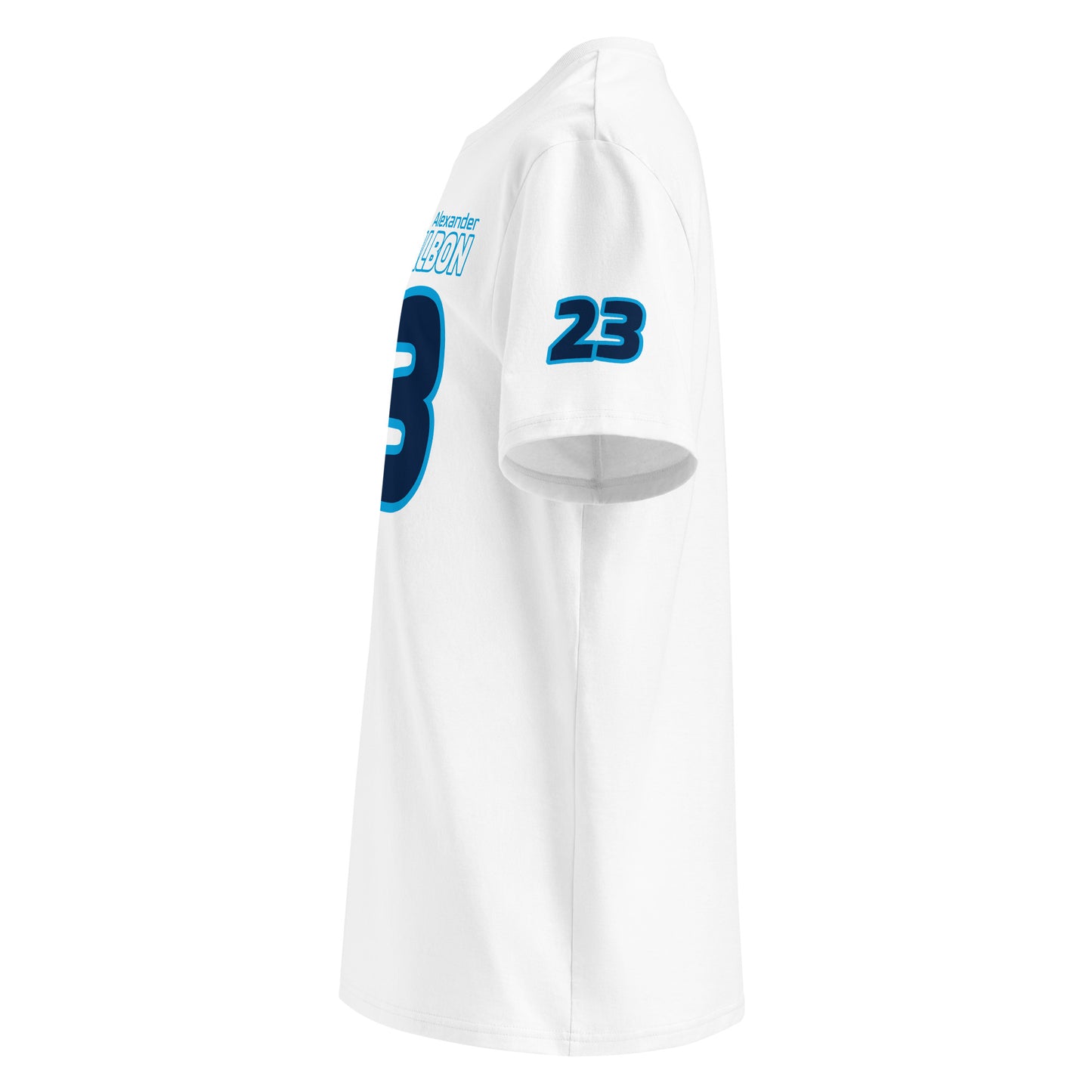 See the left sleeve of the white Alexander Albon T-Shirt, featuring the "Williams Racing Official Team Kit" logo. Ideal for car meets and shows.