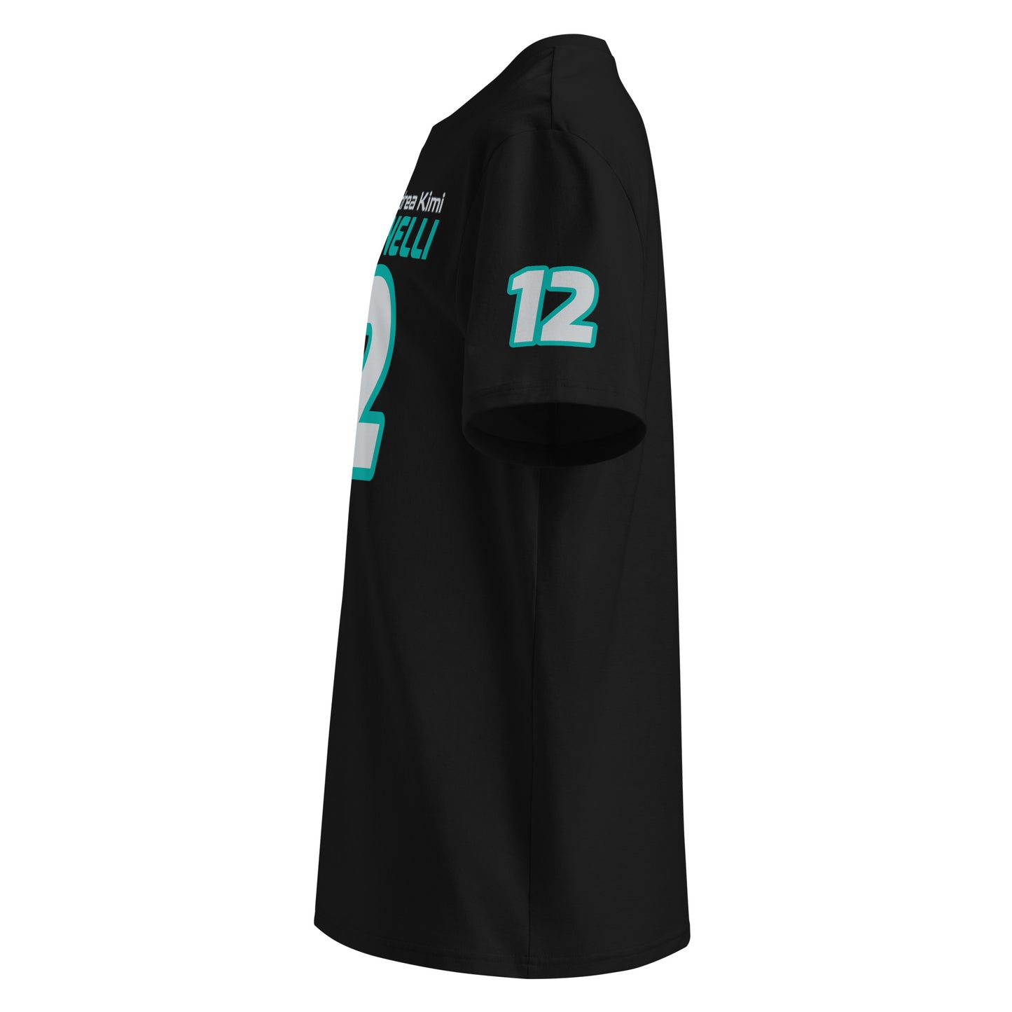 See the left sleeve of the black Andrea Kimi Antonelli T-Shirt, featuring the number "12". Ideal for car meets and shows.