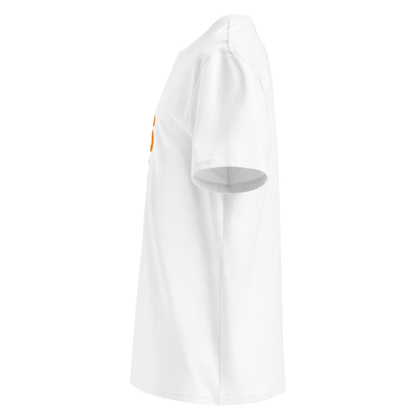 Left side view of white unisex t-shirt, plain sleeve, visible side of the papaya and black “BERNIE COLLINS KNOWS HER SH*T” front slogan. Minimalist, F1 and McLaren fan style.