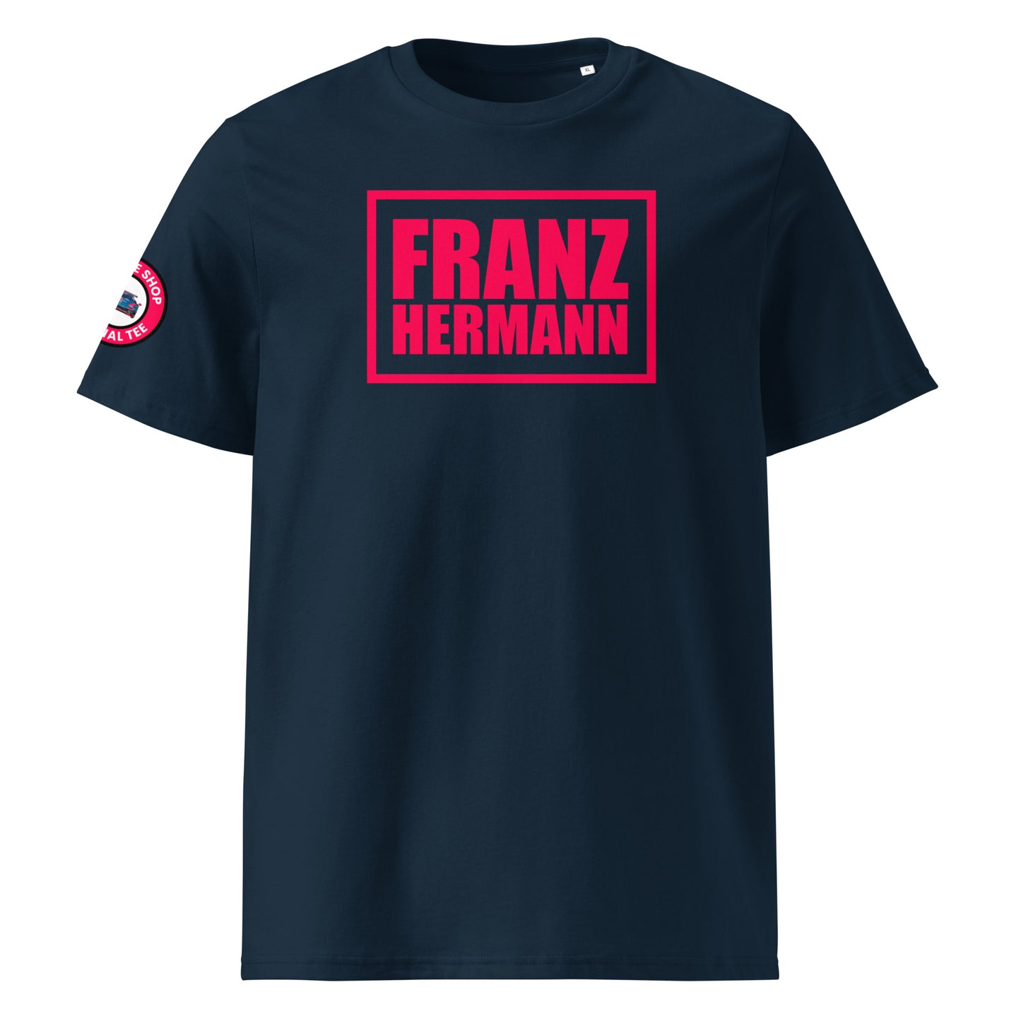 Front view of French navy unisex t-shirt with bold Red Bull Racing pink “Franz Hermann” box logo printed on the chest. DTF print, inspired by Verstappen’s Nürburgring GT3 moment. Sleek, F1 motorsport style.