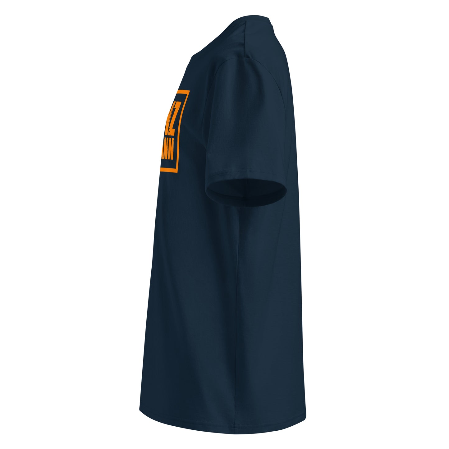 Left side view of navy unisex t-shirt, plain sleeve, visible side of distressed orange Franz Hermann box logo. Minimalist, motorsport style.