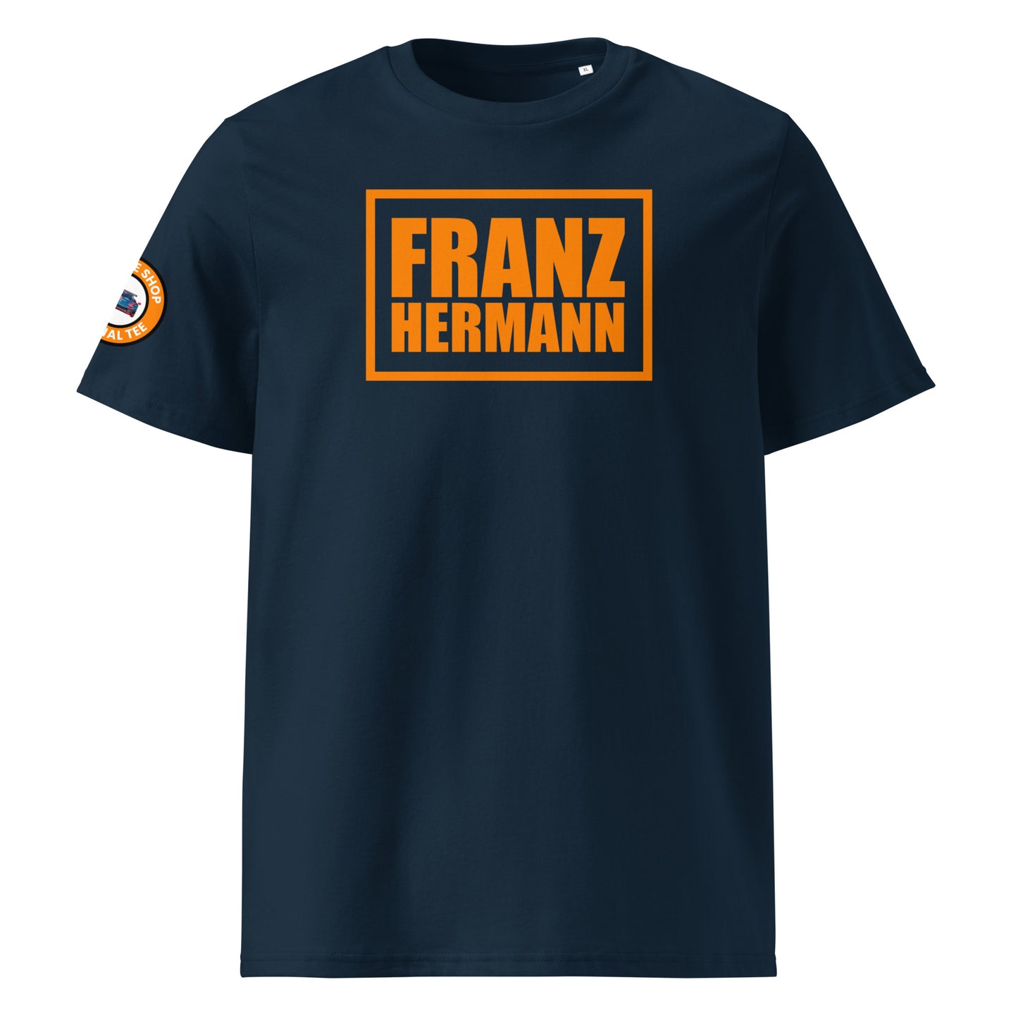 Front view of navy unisex t-shirt with bold orange “Franz Hermann” box logo printed on the chest. DTF print, Dutch-inspired for Max Verstappen and F1 fans. Clean, professional motorsport style.
