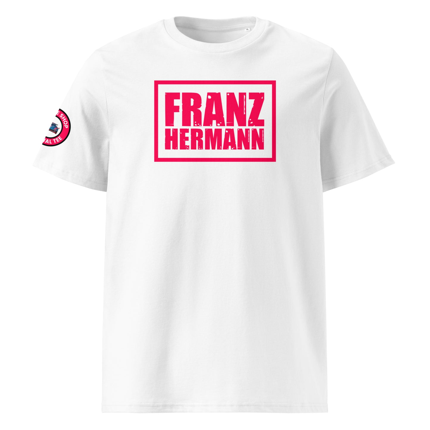 Front view of white unisex t-shirt with bold, distressed Red Bull Racing pink “Franz Hermann” box logo printed on the chest. DTF print, Verstappen and F1 inspired, modern motorsport style.