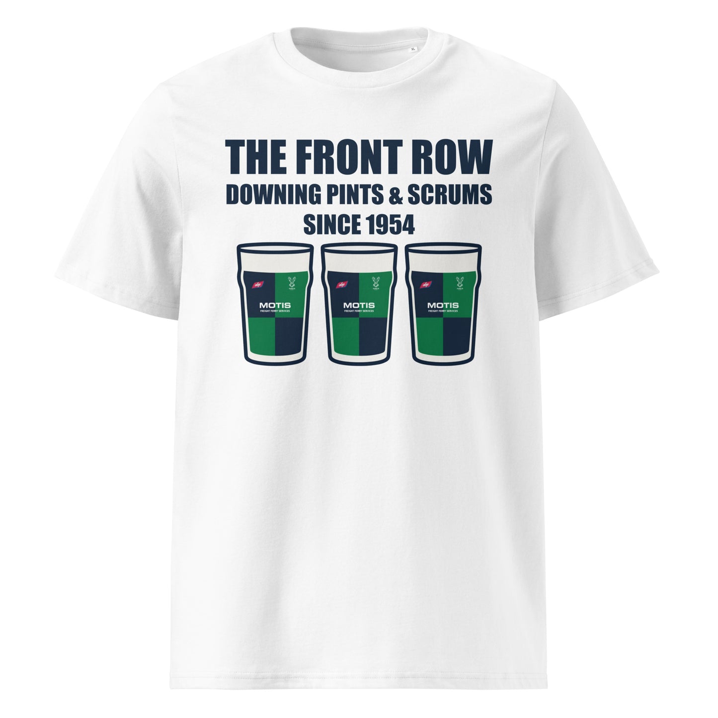 White Ballynahinch RFC rugby t-shirt with dark slogan text reading The Front Row Downing Pints & Scrums Since 1954 and three pint glasses in club colours.