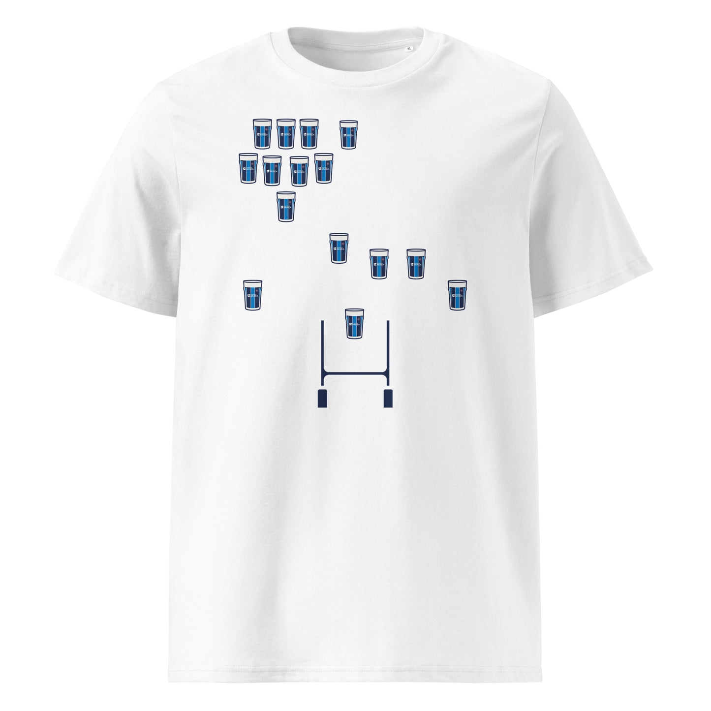 White Bordeaux Bègles rugby t-shirt featuring navy and light blue pint glasses arranged in a rugby team formation above rugby posts.