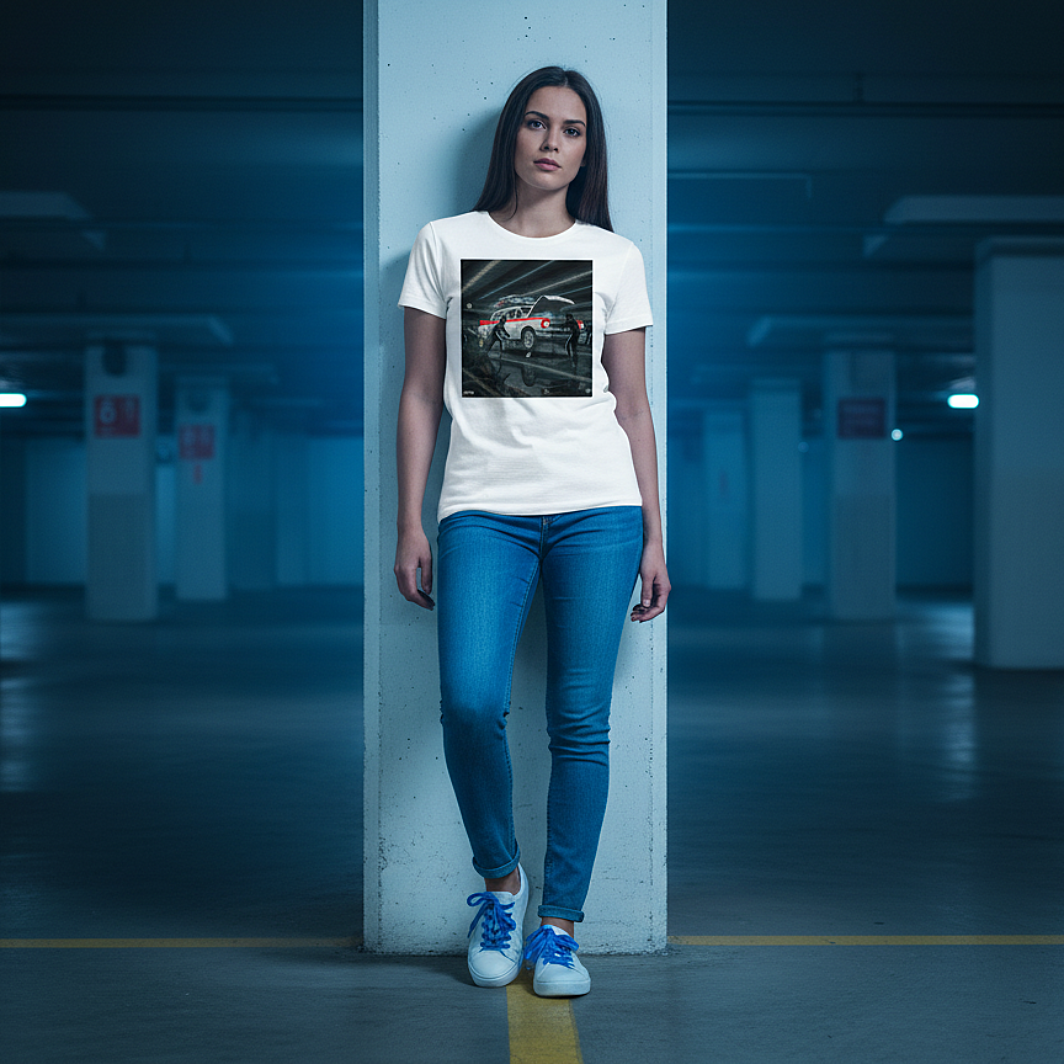 Female model in a white ECTO 1 Pitstop Car Meet T‑Shirt, blue jeans and white trainers with blue laces, leaning against a concrete pillar in a moody blue‑lit underground car park, with the ECTO 1 pitstop graphic sharp and centered.