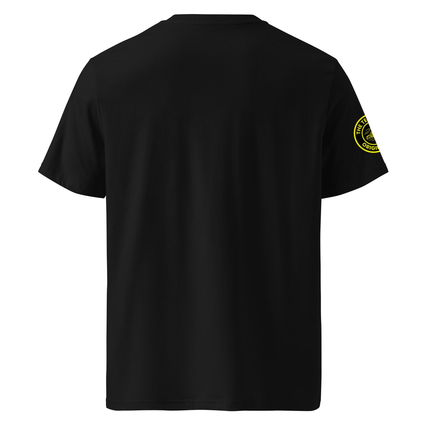 Back view of black unisex t-shirt with plain design. No rear print, highlighting the bold front yellow slogan and unique race car logo on the sleeve. DTF print, perfect for car meet and motorsport fans.