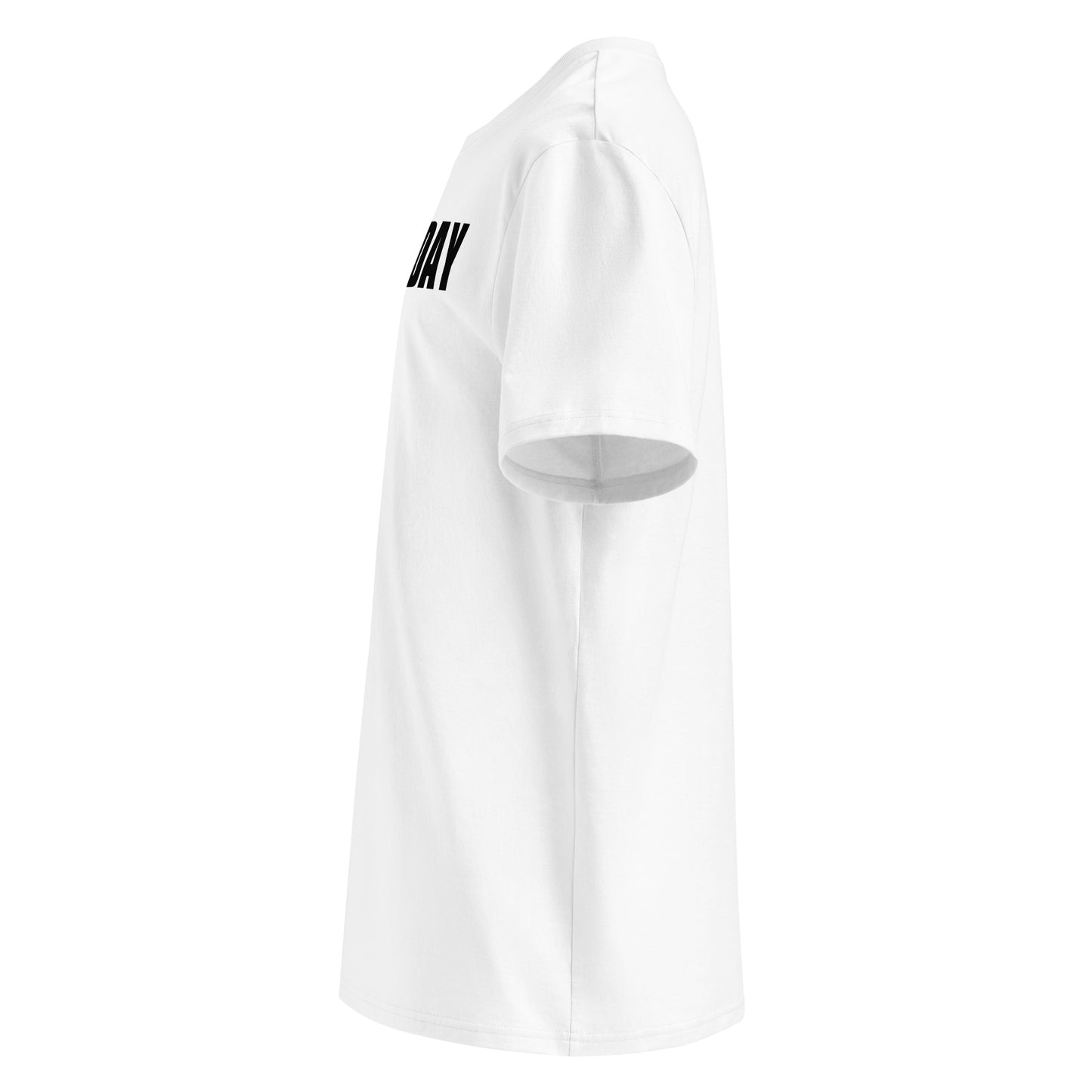 Left side view of white unisex t-shirt, plain sleeve, visible side of the black “EVERY DAY IS A TRACK DAY” chest print. Minimalist, car meet fan style.