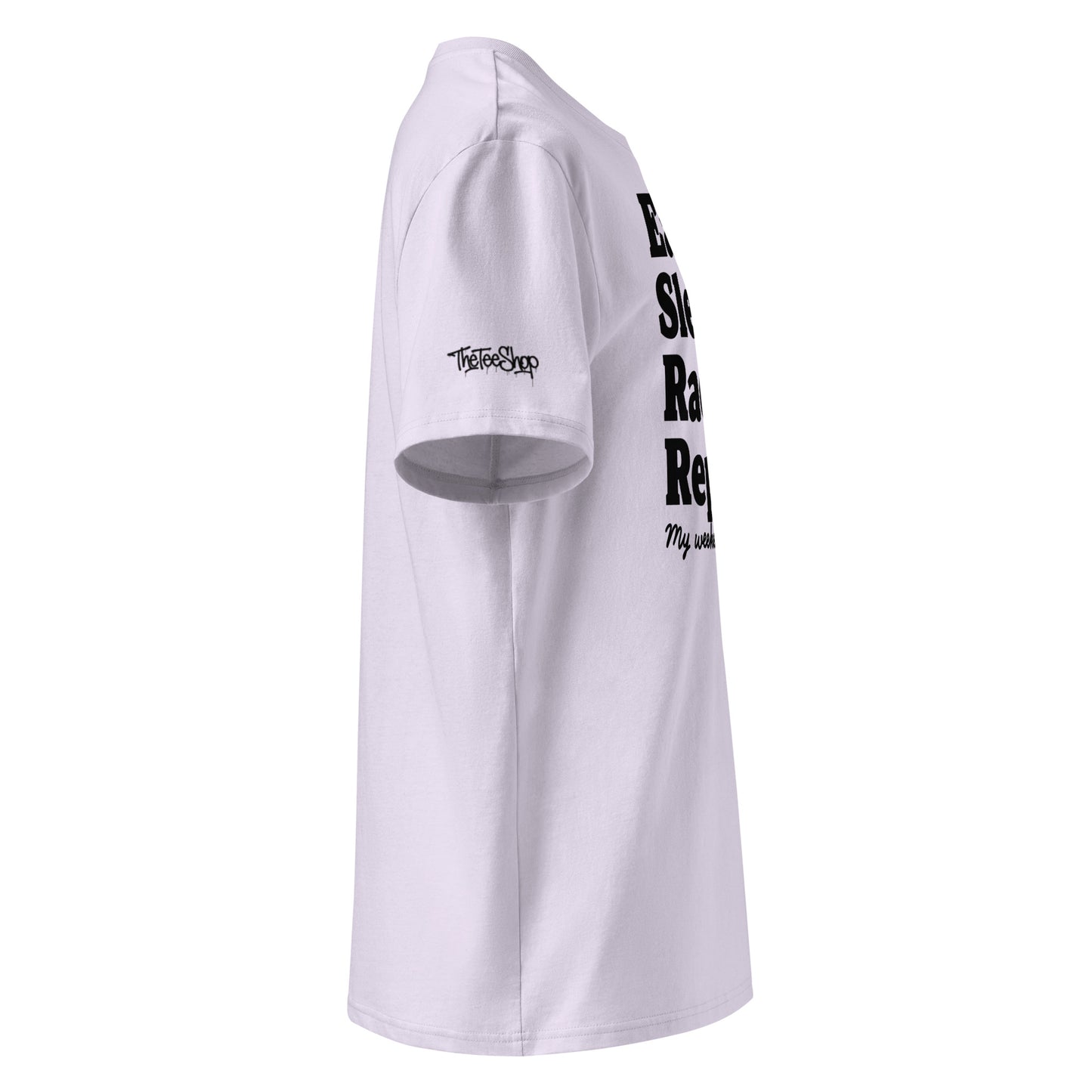 Right side view of lavender unisex organic cotton T-shirt with black Eat Sleep Race Repeat slogan and TheTeeShop logo on sleeve