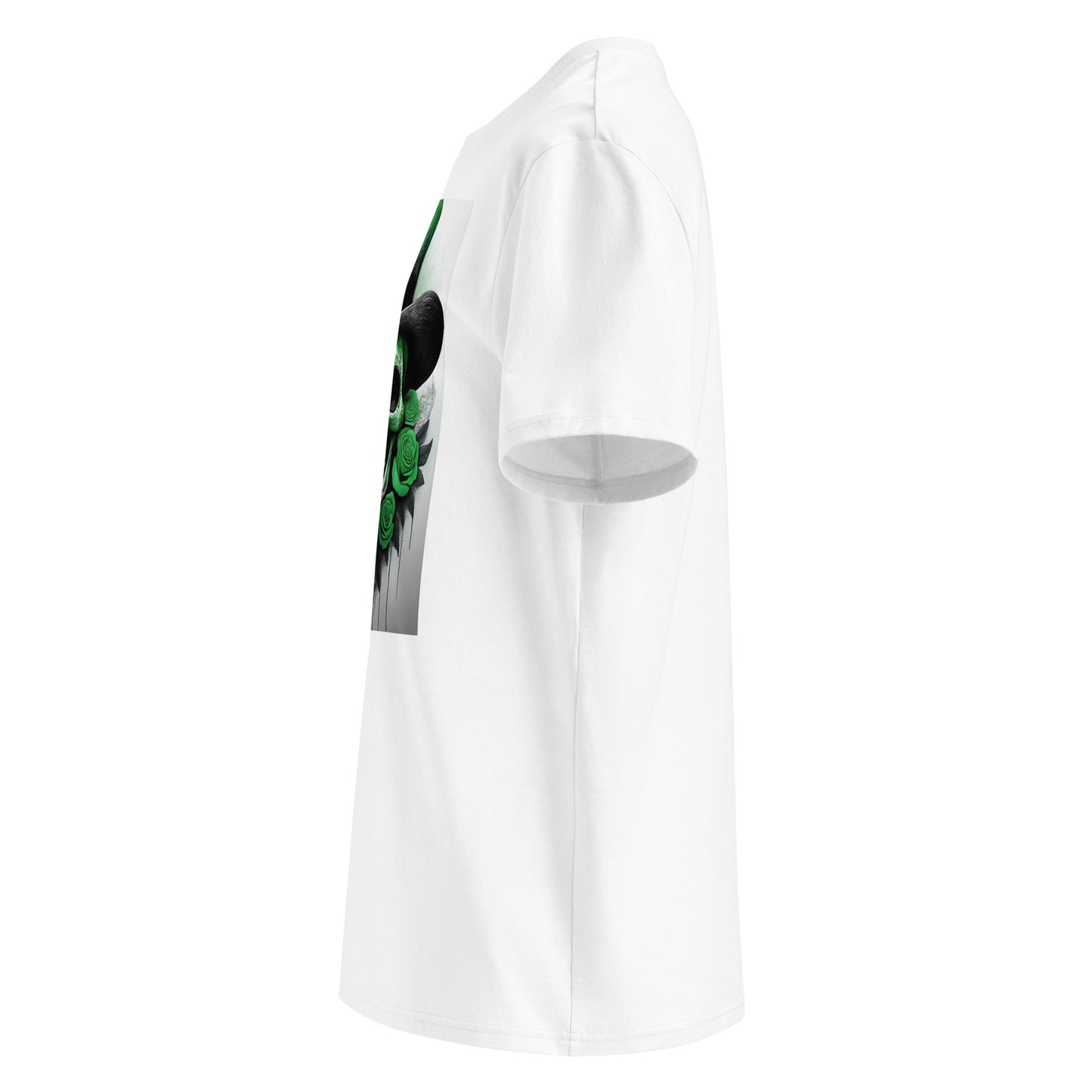 Left side view of El Jefe Calavera Tee highlighting bold green floral skull design and top hat.