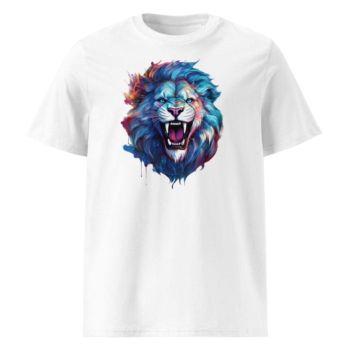 Front of the t-shirt featuring a roaring lion in blue, purple, and red on a white background – a bold choice for Leinster and Lions Tour rugby fans.