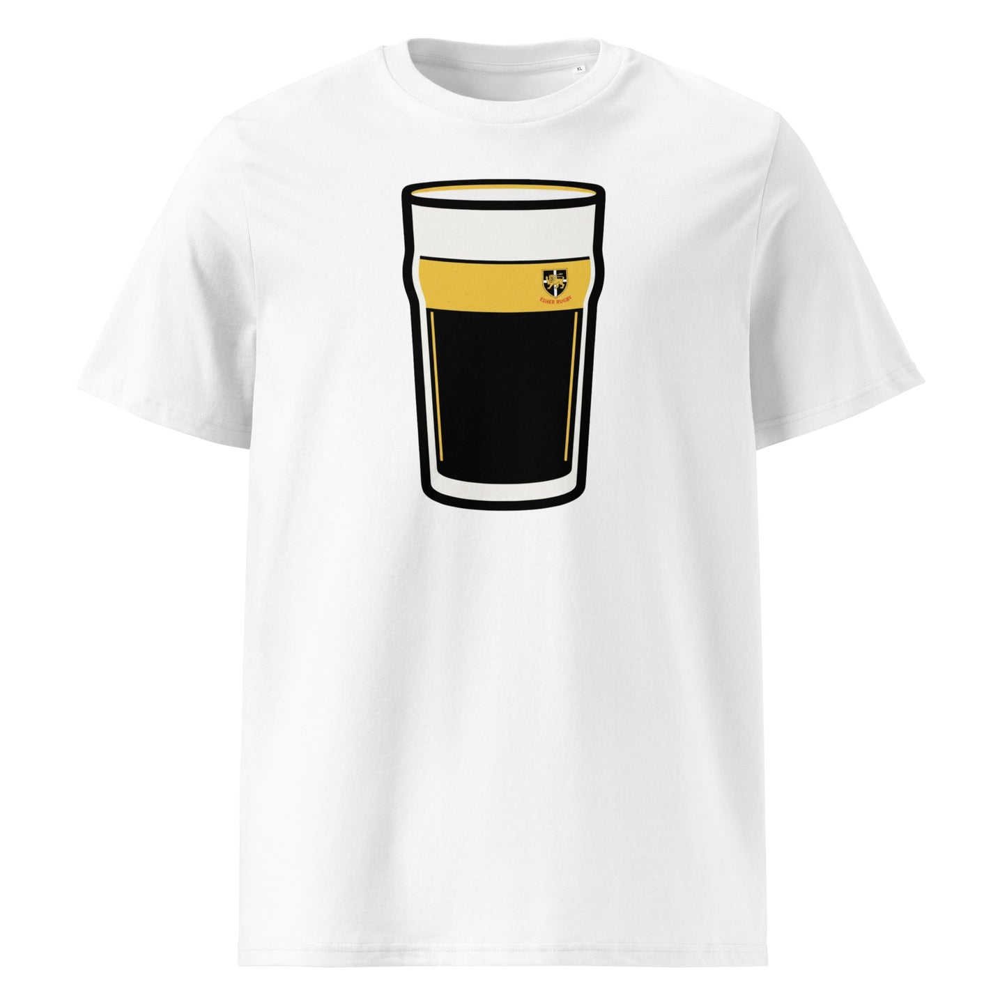 White Esher RFC Mega Pint Rugby T-Shirt with black and gold pint glass graphic and Esher Rugby crest.