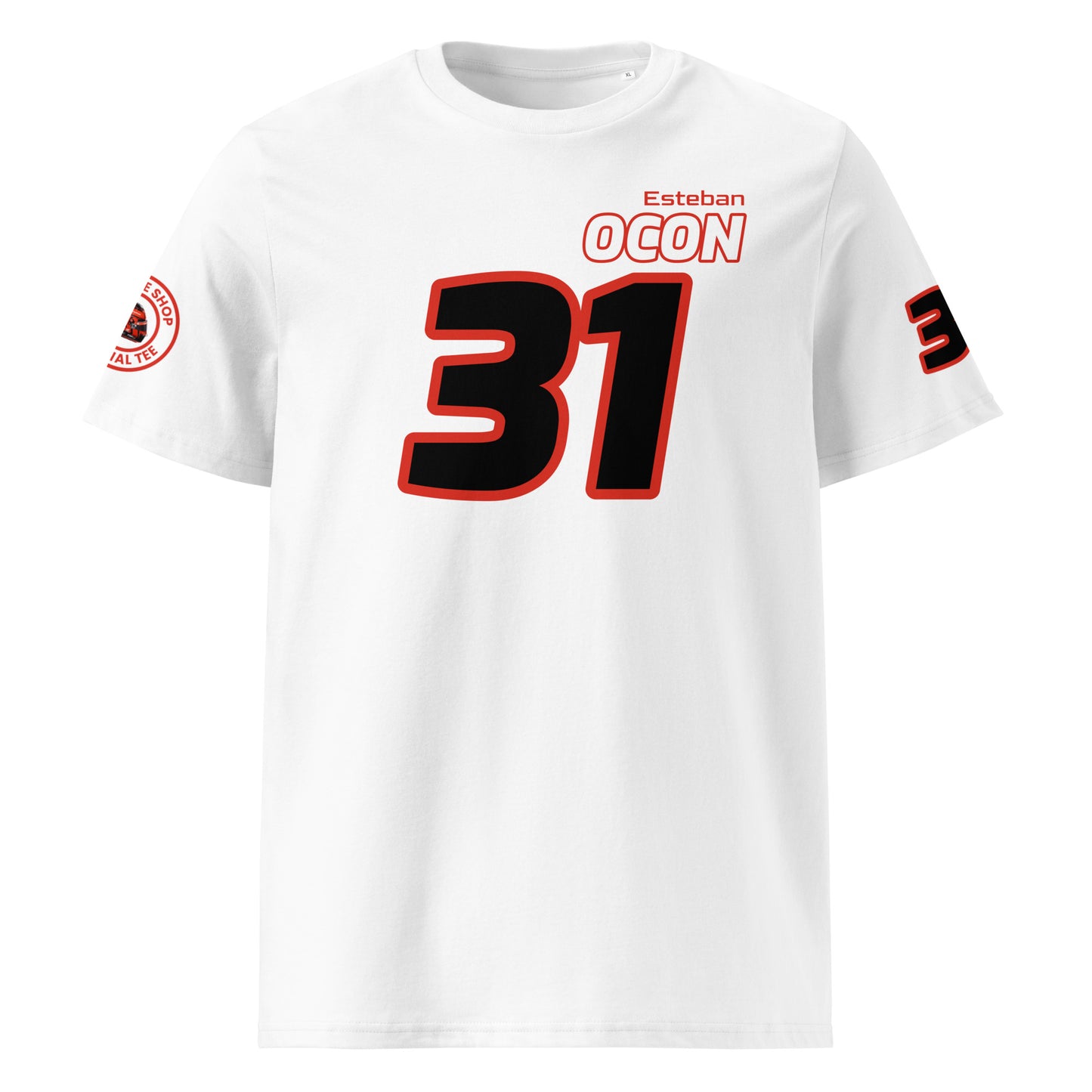 View the front of the white Esteban Ocon T-Shirt, featuring "Esteban Ocon" and the number "31" in red and white. Perfect for F1 fans and petrol heads.