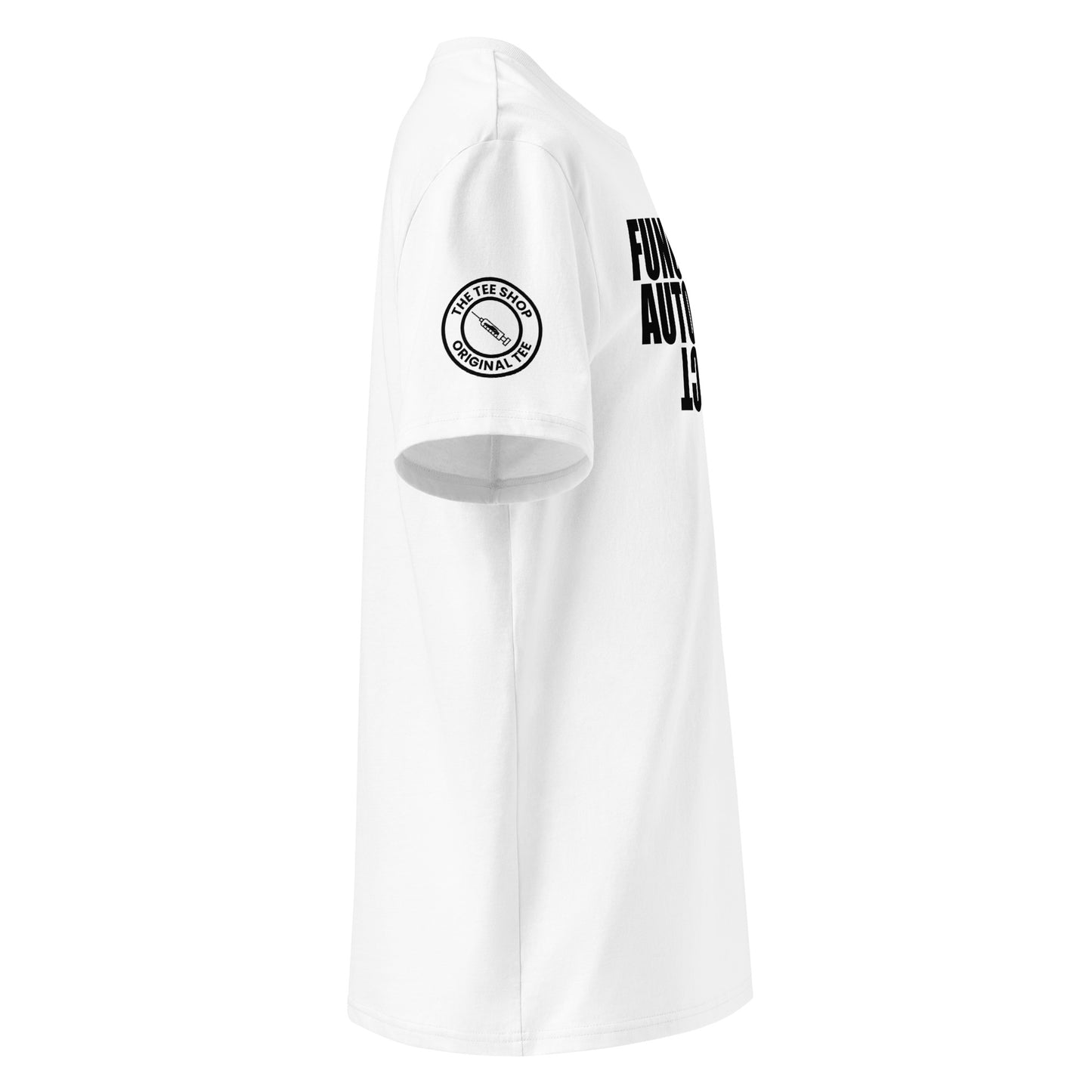 See the right view of the "FUNCTIONING AUTOMOBILE ADDICT" White T-Shirt, featuring TheTeeShop logo. Ideal for car meets and automotive events!