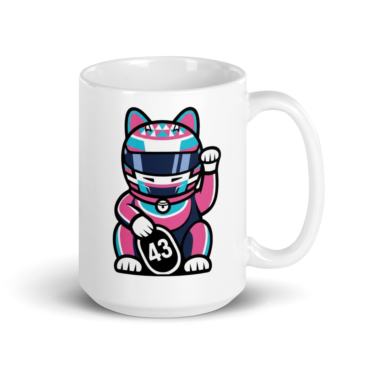 Racing fan mug with colourful lucky cat illustration and #43 coin great gift for GP mornings, sleepovers, and subtle video-call support.