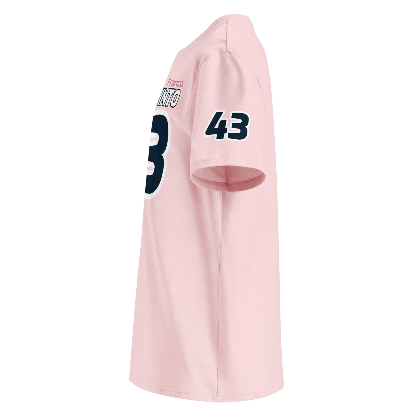 See the left sleeve of the pink Franco Colapinto Alpine F1 Driver T-Shirt, featuring the number "43". Ideal for car meets and shows.