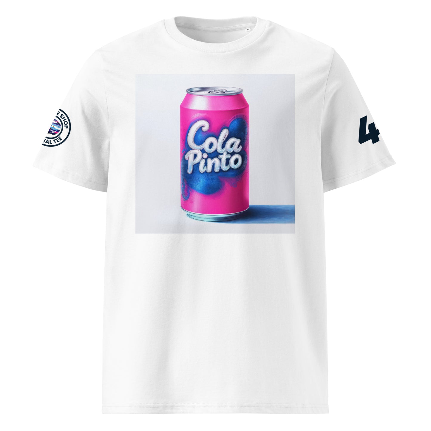 View the front of the white Franco Colapinto "Cola Pinto" T-Shirt, featuring a playful soda can design. Perfect for F1 fans and petrol heads.