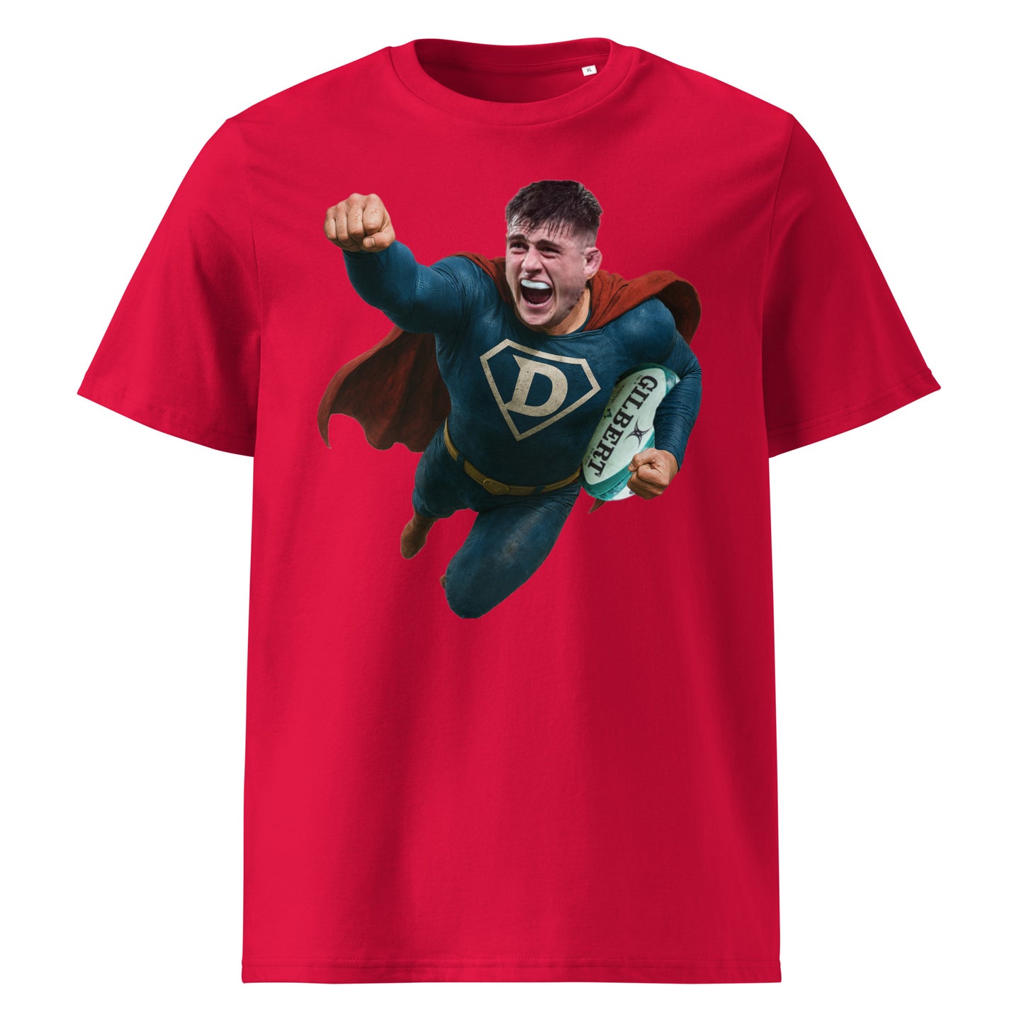 Red t-shirt showcasing Dan Sheehan as a rugby Superman, flying with a Gilbert ball and a giant “D” on his chest. A striking design for Leinster and Lions fans who love their heroes front row and fearless.