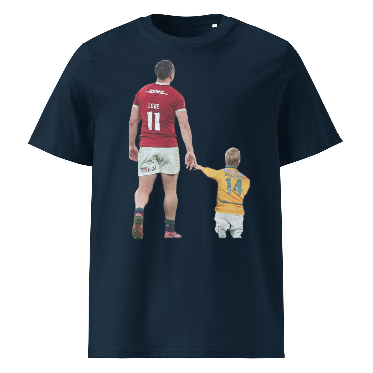 Navy t-shirt featuring a graphic of James Lowe walking hand-in-hand with a mini Max Jorgensen. A cheeky Lions vs Wallabies design capturing Lowe’s dominance in the 2025 tests — perfect for Leinster and Lions fans.