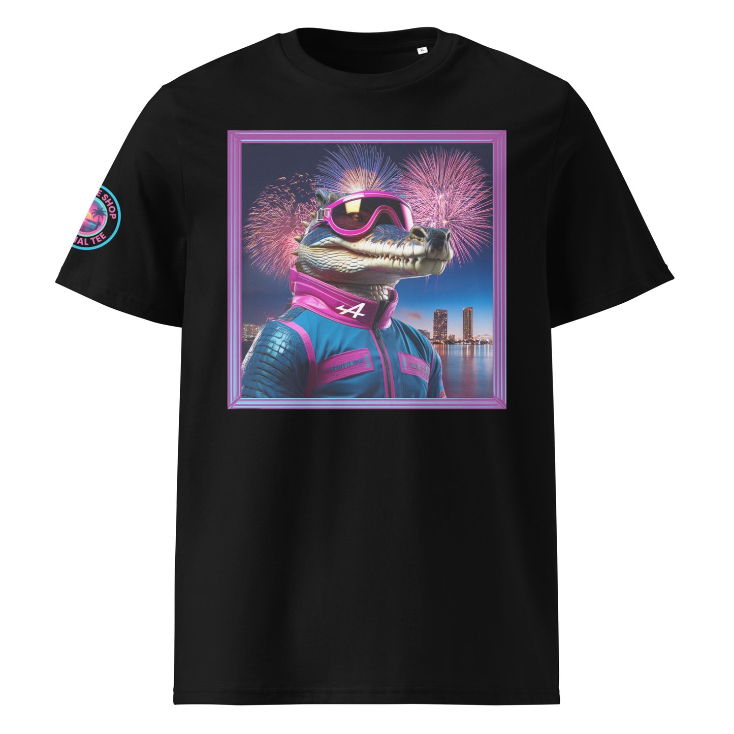 Front view of our Alpine F1 Gator Miami Grand Prix black t-shirt showcasing a bold gator racer against a vibrant Miami backdrop. A stylish addition to your wardrobe and a great conversation starter.
