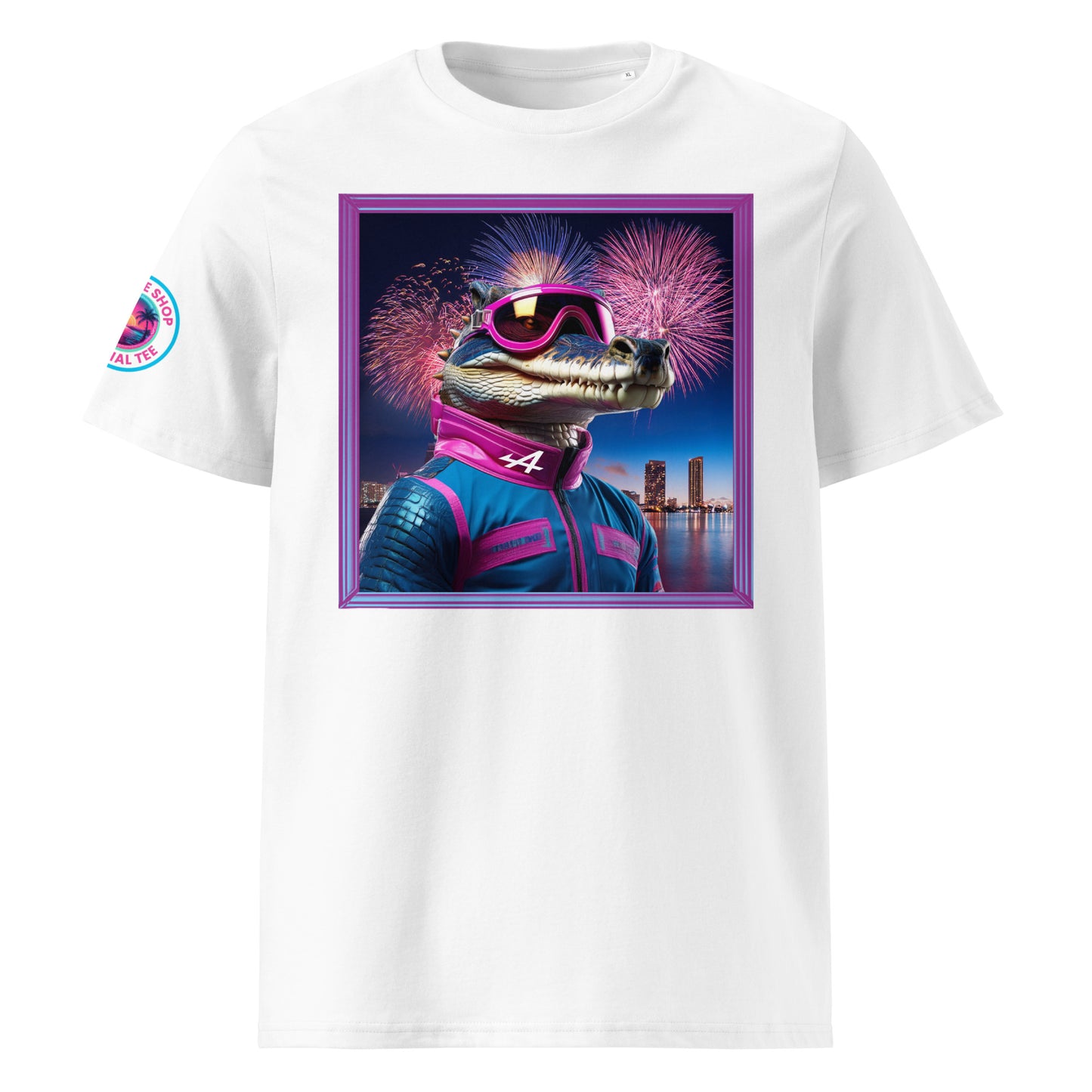 Front view of our Alpine F1 Gator Miami Grand Prix white t-shirt showcasing a bold gator racer against a vibrant Miami backdrop. A stylish addition to your wardrobe and a great conversation starter.