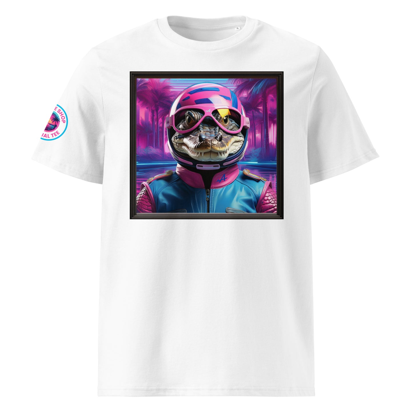 Front view of our Alpine F1 Miami Grand Prix t-shirt showcasing a vibrant alligator racer against a neon Miami backdrop. A stylish addition to your wardrobe and a great conversation starter.