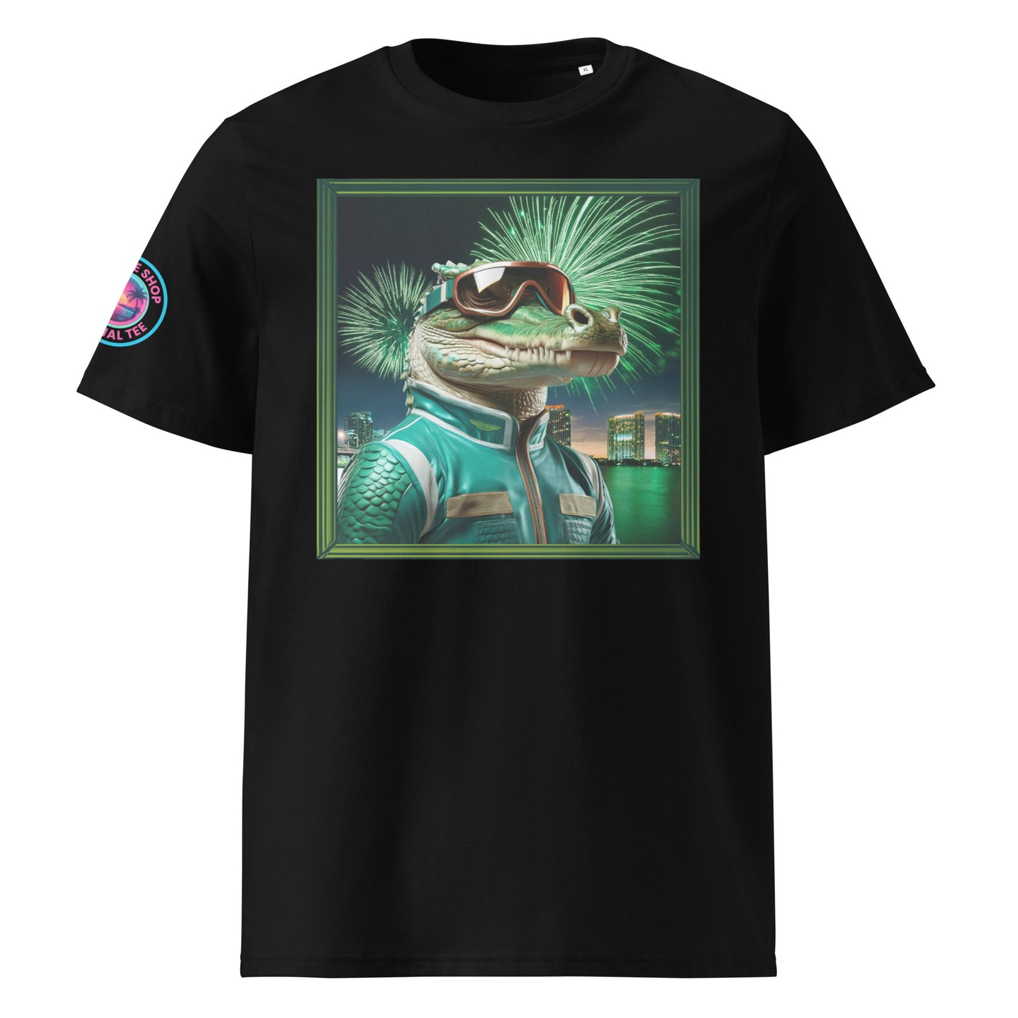 Front view of our Aston Martin F1 Gator Miami Grand Prix black t-shirt showcasing a sleek gator racer against a vibrant Miami backdrop. A stylish addition to your wardrobe and a great conversation starter.
