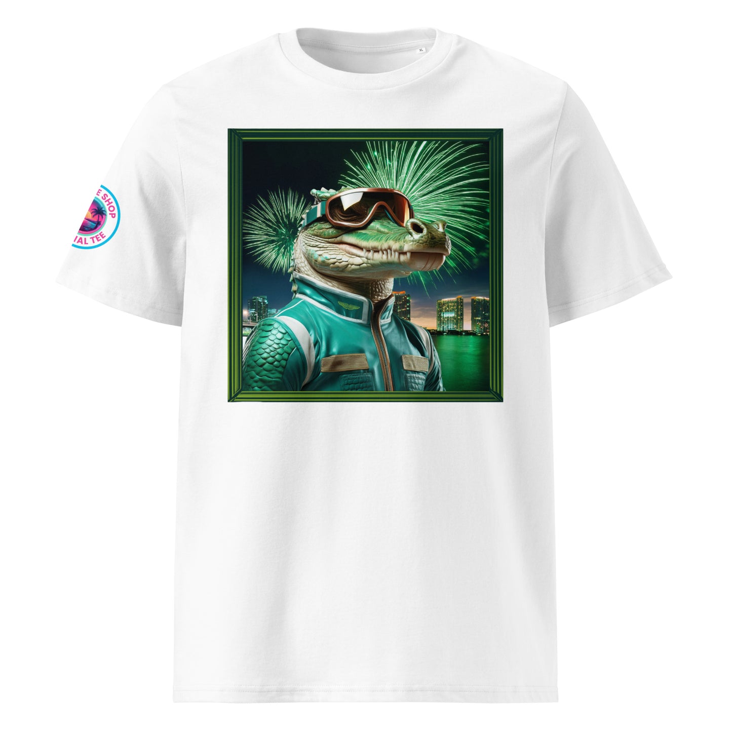 Front view of our Aston Martin F1 Gator Miami Grand Prix white t-shirt showcasing a sleek gator racer against a vibrant Miami backdrop. A stylish addition to your wardrobe and a great conversation starter.