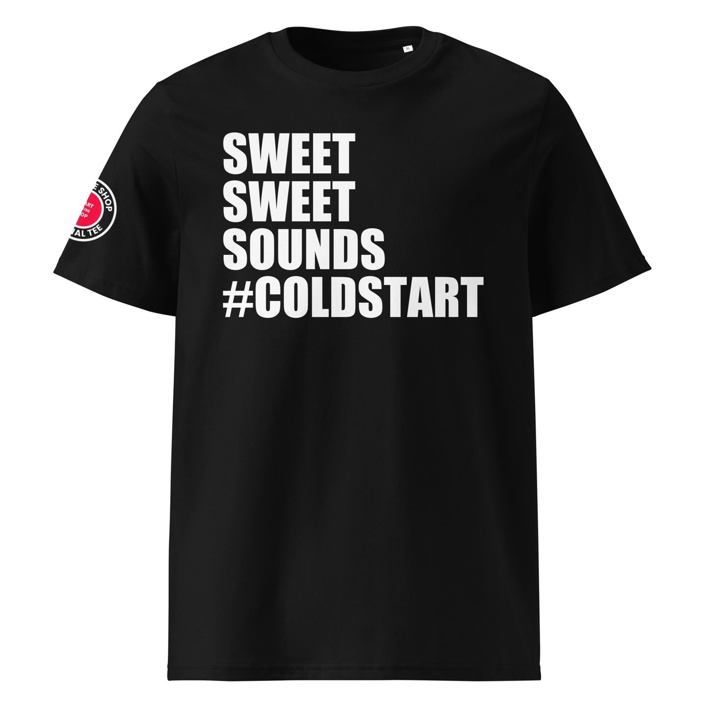 Check out the front view of our Cold Start Black T-Shirt, featuring bold text celebrating the sweet sounds of a cold engine start.