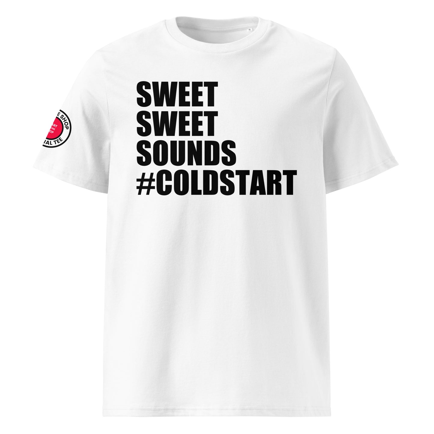 Check out the front view of our Cold Start White T-Shirt, featuring bold text celebrating the sweet sounds of a cold engine start.