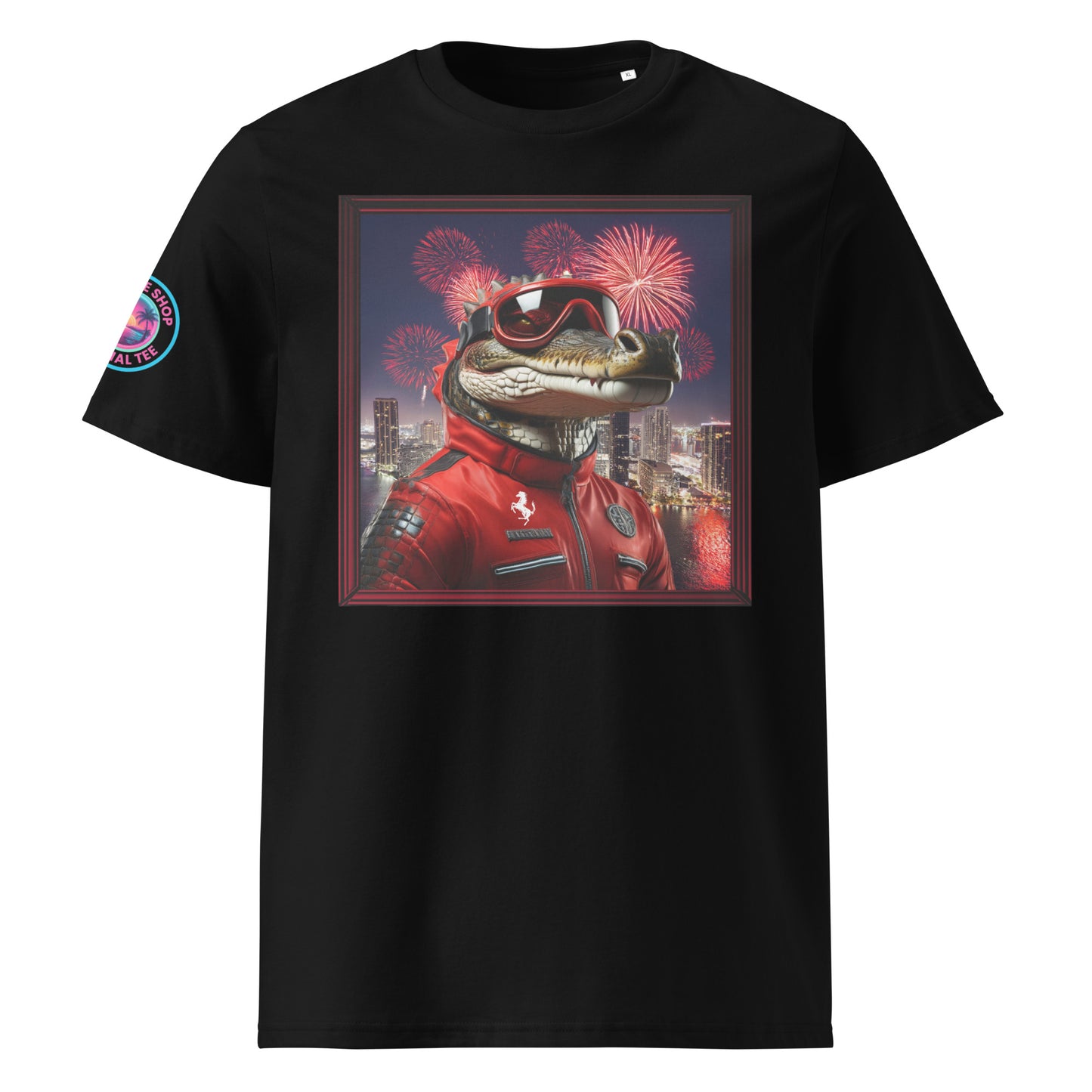Front view of our Ferrari F1 Gator Miami Grand Prix white t-shirt showcasing a bold gator racer against a vibrant Miami backdrop. A stylish addition to your wardrobe and a great conversation starter.