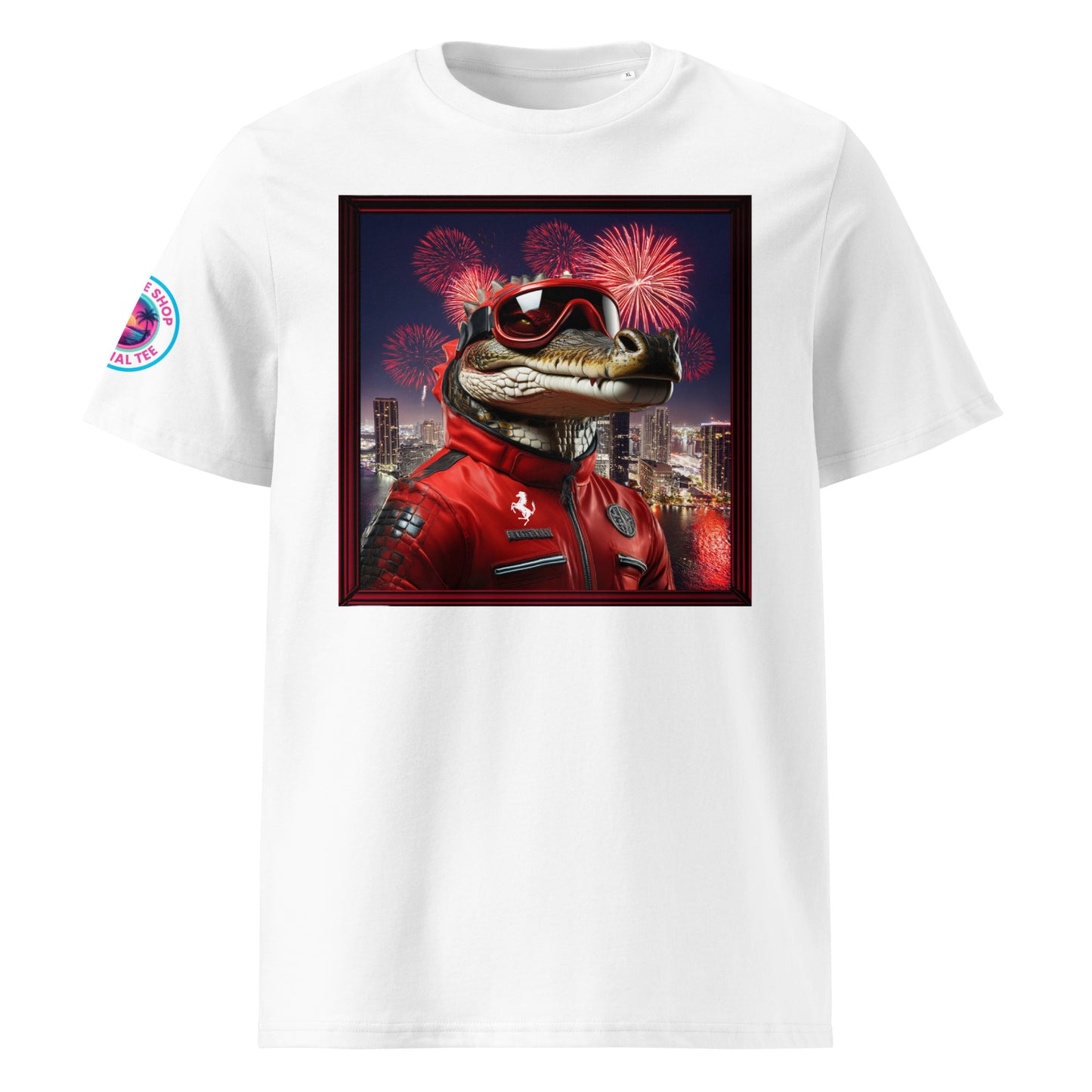 Front view of our Ferrari F1 Gator Miami Grand Prix white t-shirt showcasing a bold gator racer against a vibrant Miami backdrop. A stylish addition to your wardrobe and a great conversation starter.