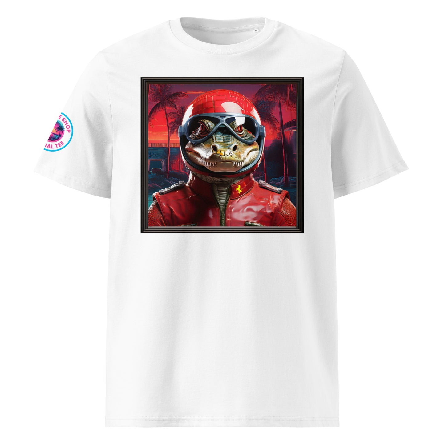 Front view of our Ferrari F1 Miami Grand Prix t-shirt showcasing a bold alligator racer against a fiery Miami sunset backdrop. A stylish addition to your wardrobe and a great conversation starter.