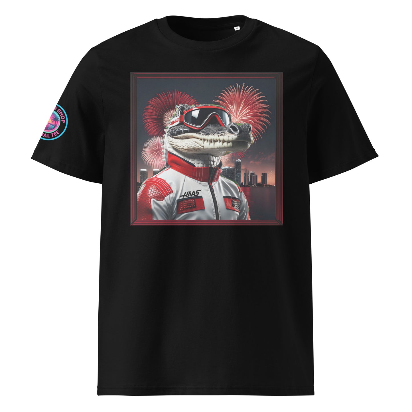 Front view of our Haas F1 Gator Miami Grand Prix black t-shirt showcasing a fierce gator racer against a vibrant Miami backdrop. A stylish addition to your wardrobe and a great conversation starter.