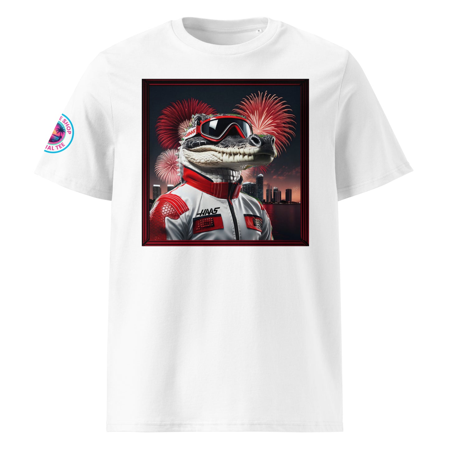 Front view of our Haas F1 Gator Miami Grand Prix white t-shirt showcasing a fierce gator racer against a vibrant Miami backdrop. A stylish addition to your wardrobe and a great conversation starter.