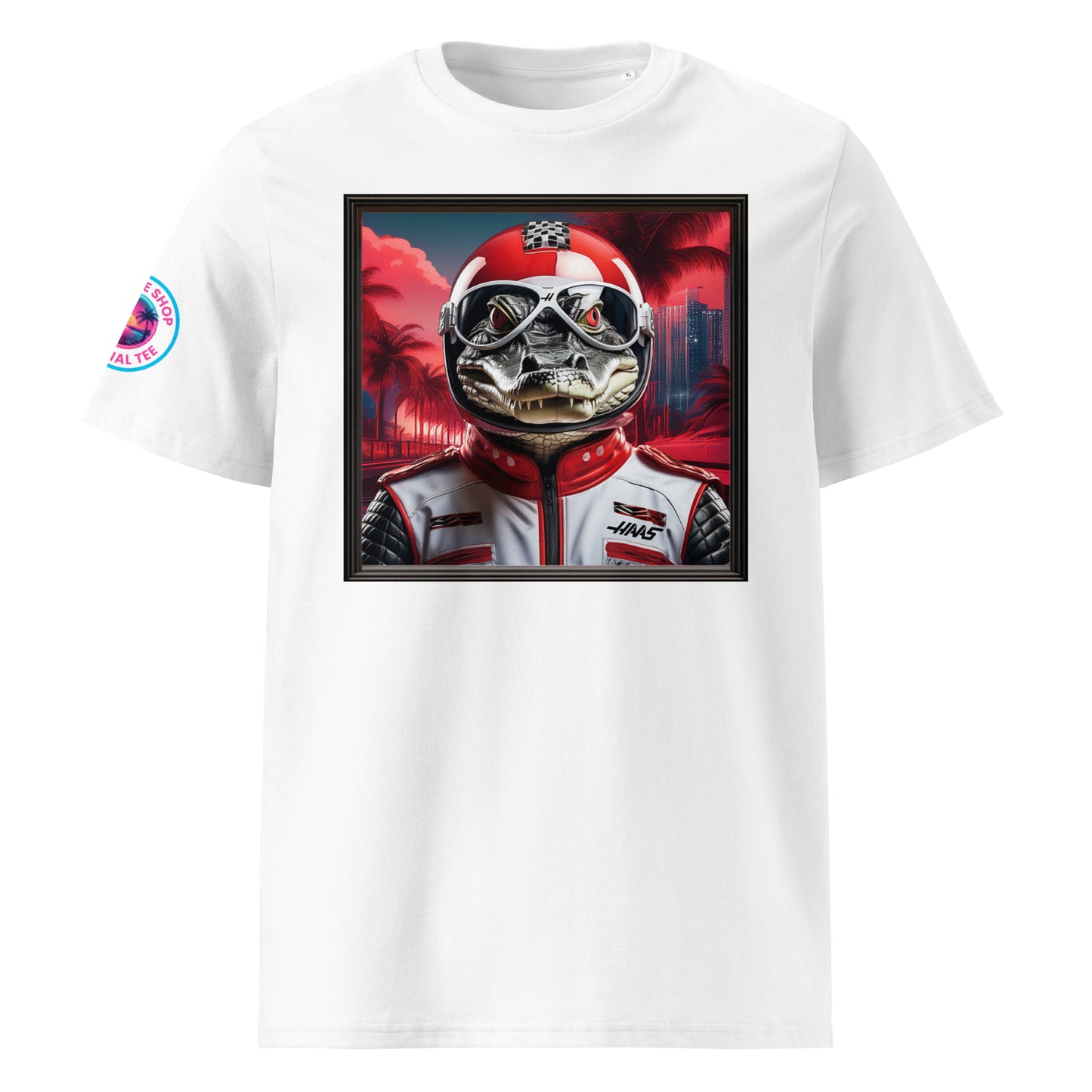 Front view of our Haas F1 Miami Grand Prix t-shirt showcasing a fierce alligator racer against a tropical Miami backdrop. A stylish addition to your wardrobe and a great conversation starter.