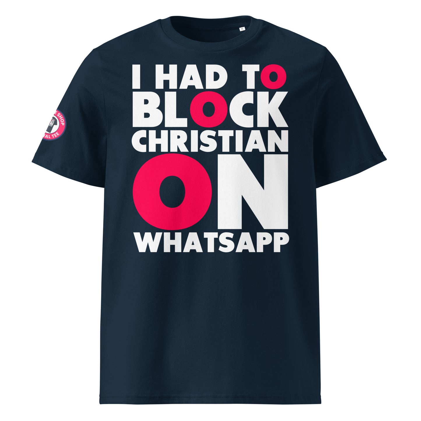 Check out the front view of our I Had to Block Christian on WhatsApp Navy Blue T-Shirt, featuring bold text with a cheeky message for F1 fans.