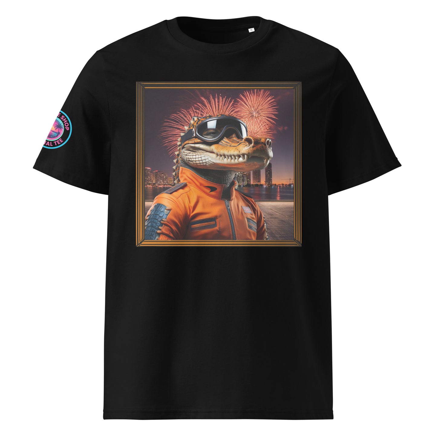 Front view of our McLaren F1 Gator Miami Grand Prix black t-shirt showcasing a bold gator racer against a vibrant Miami backdrop. A stylish addition to your wardrobe and a great conversation starter.