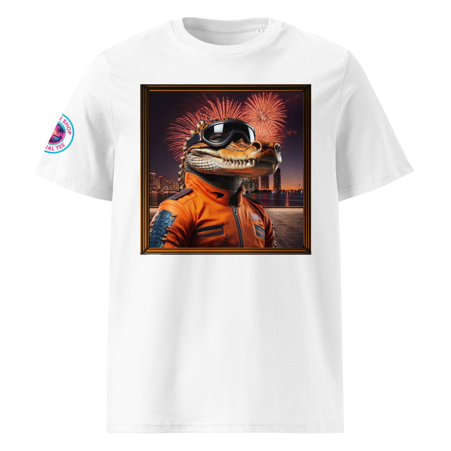 Front view of our McLaren F1 Gator Miami Grand Prix white t-shirt showcasing a bold gator racer against a vibrant Miami backdrop. A stylish addition to your wardrobe and a great conversation starter.