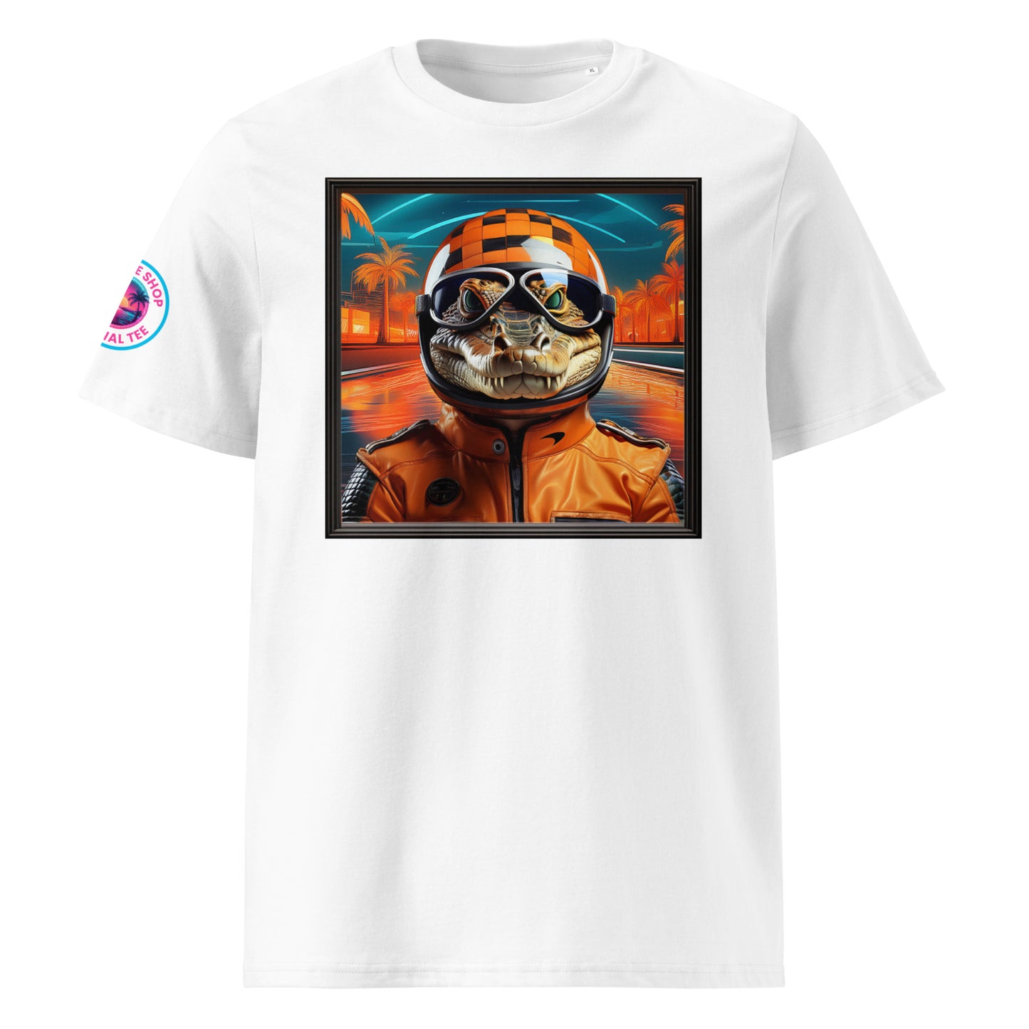 Front view of our McLaren F1 Miami Grand Prix t-shirt showcasing a bold alligator racer against a vibrant Miami sunset backdrop. A stylish addition to your wardrobe and a great conversation starter.