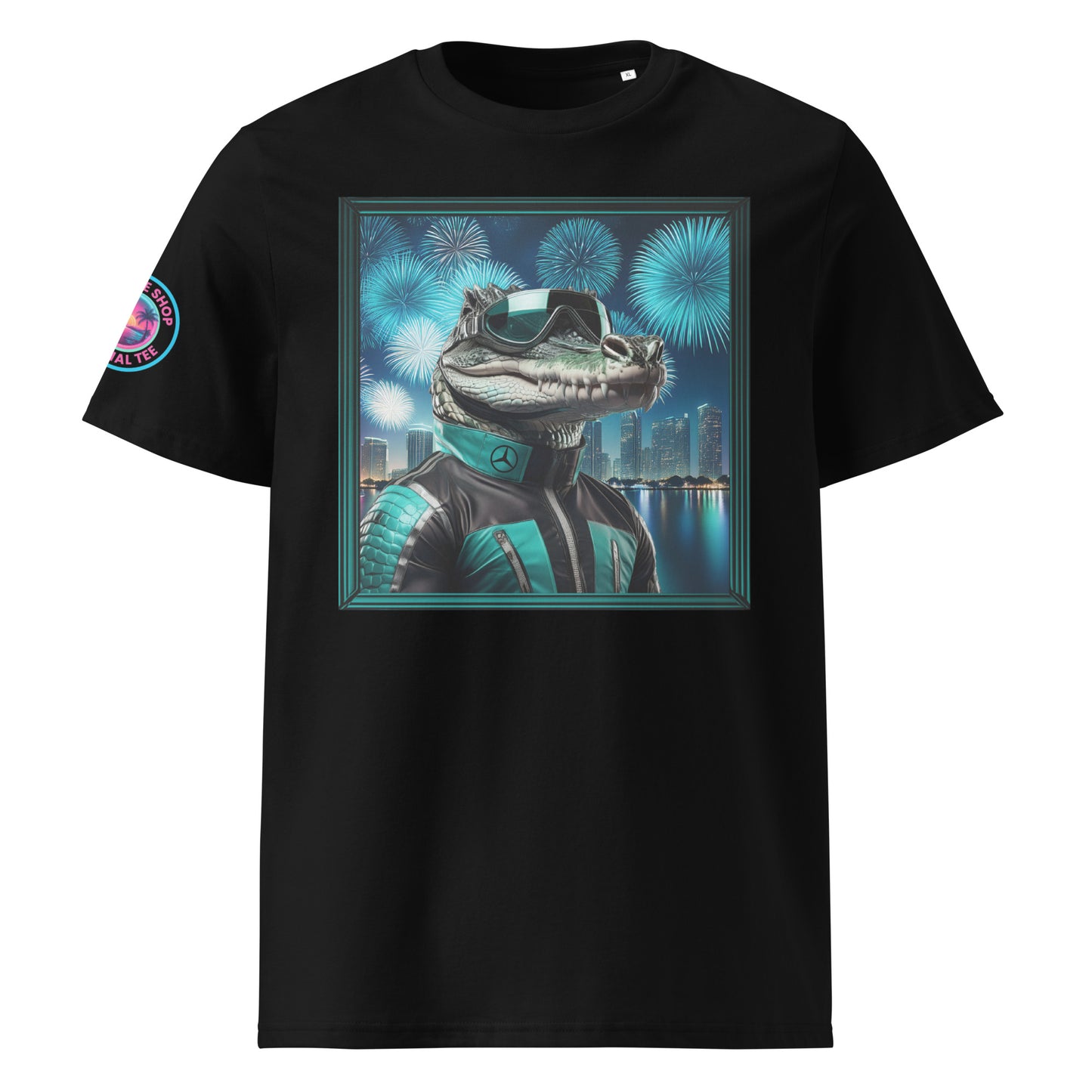 Front view of our Mercedes F1 Gator Miami Grand Prix black t-shirt showcasing a sleek gator racer against a vibrant Miami backdrop. A stylish addition to your wardrobe and a great conversation starter.