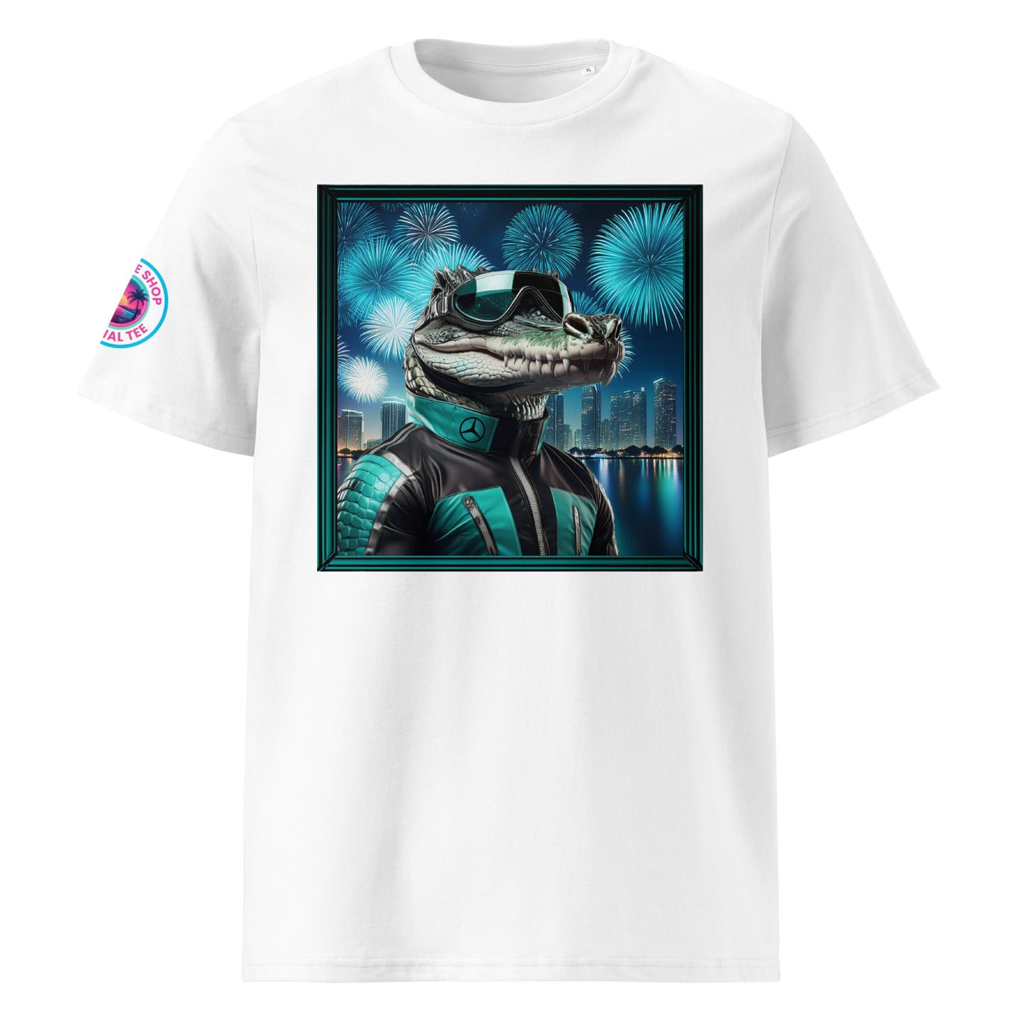 Front view of our Mercedes F1 Gator Miami Grand Prix white t-shirt showcasing a sleek gator racer against a vibrant Miami backdrop. A stylish addition to your wardrobe and a great conversation starter.