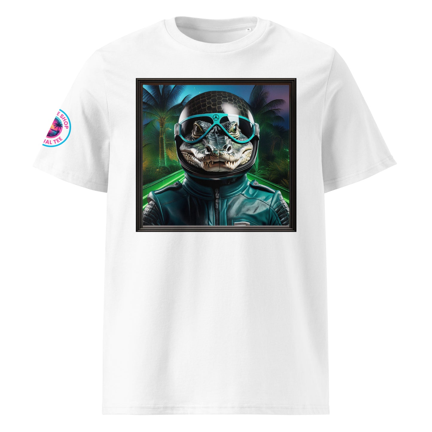 Front view of our Mercedes F1 Miami Grand Prix t-shirt showcasing a reptilian racer against a vibrant Miami backdrop. A stylish addition to your wardrobe and a great conversation starter.