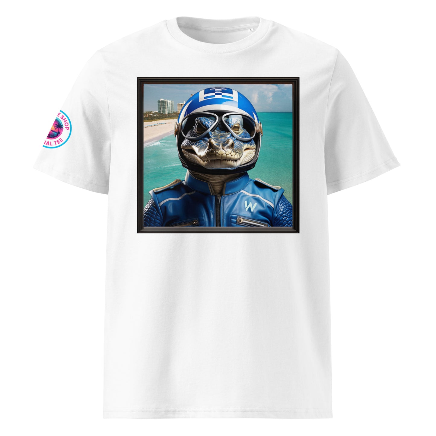 Front view of our Miami F1 Grand Prix inspired t-shirt showcasing a blue alligator racer against a vibrant Miami backdrop.