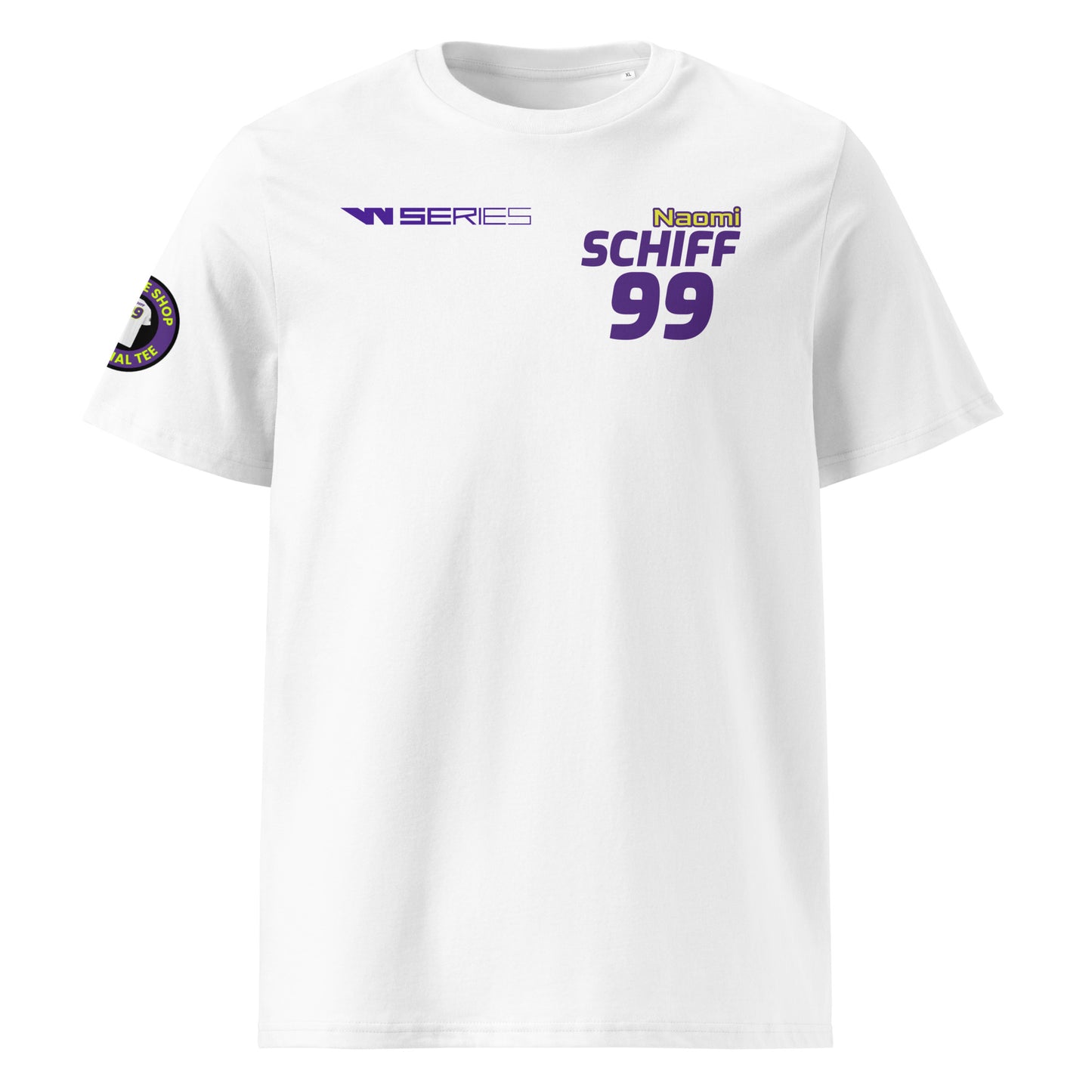 Check out the front view of our Naomi Schiff W Series White T-Shirt, featuring bold text and graphics celebrating Naomi Schiff's racing career.