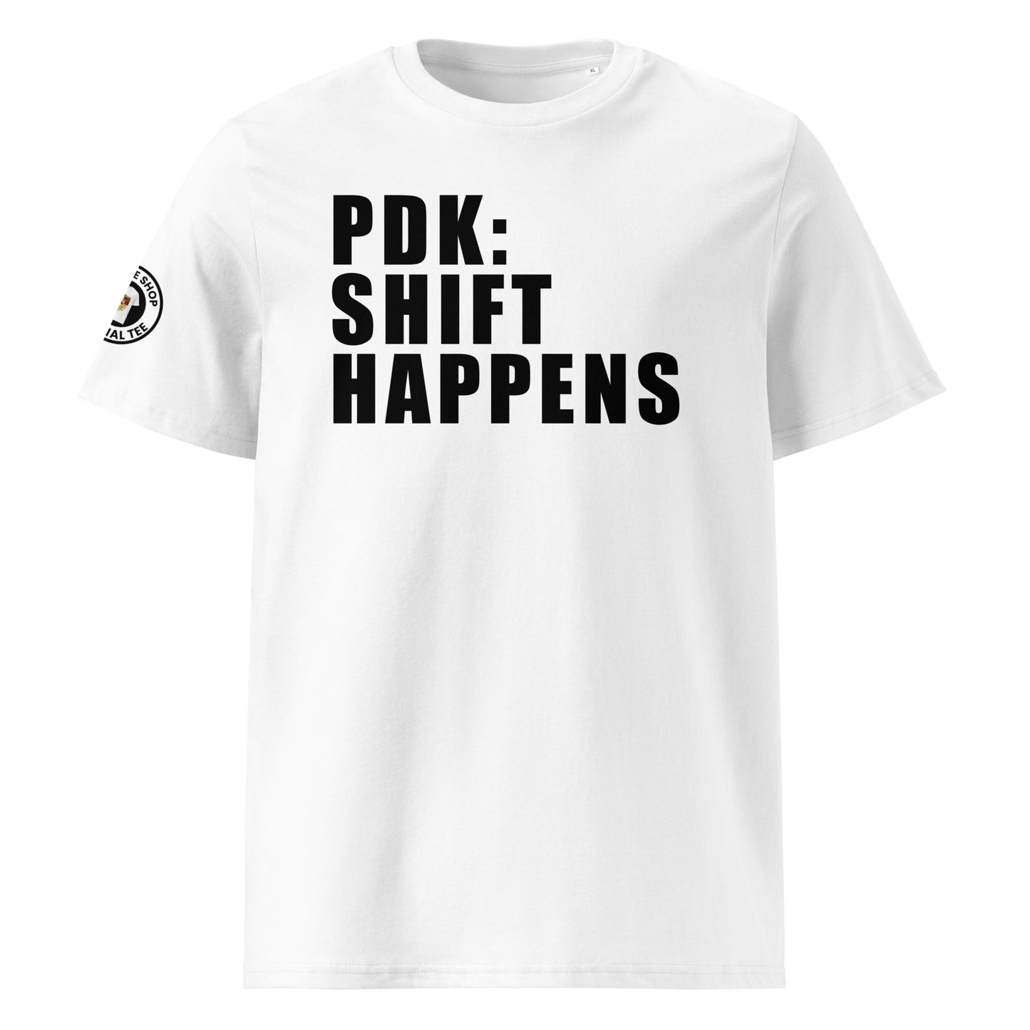 Check out the front view of our PDK Shift Happens T-Shirt, featuring a clever slogan. Perfect for car meets and shows. High-quality fabric and unique design.