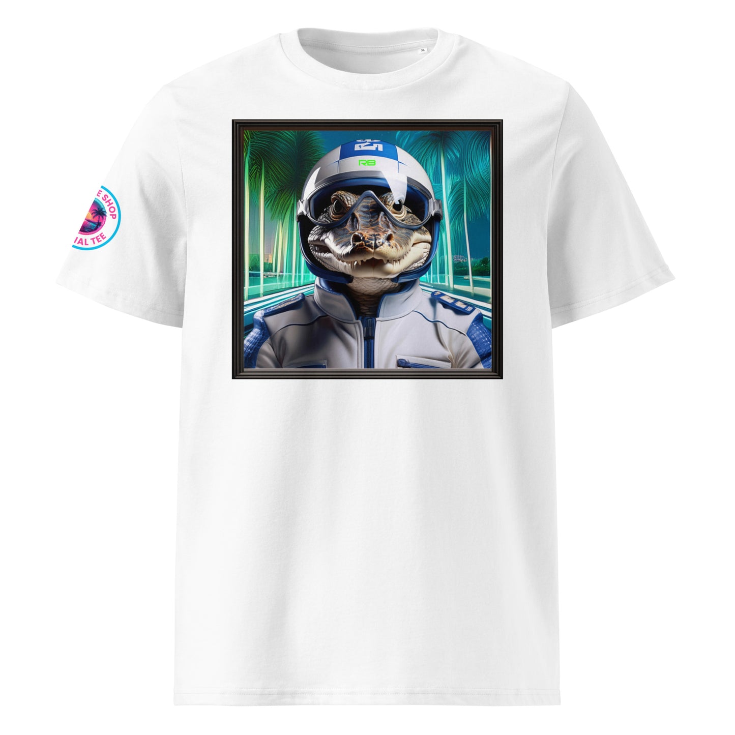 Front view of our Racing Bulls F1 Miami Grand Prix t-shirt showcasing a dynamic alligator racer against a vibrant Miami backdrop. A stylish addition to your wardrobe and a great conversation starter.