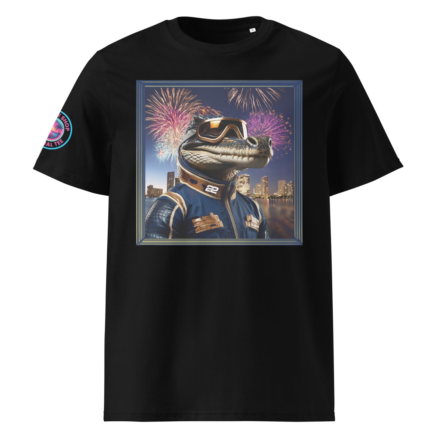 Front view of our Red Bull Racing F1 Gator Miami Grand Prix black t-shirt showcasing a dynamic gator racer against a vibrant Miami backdrop. A stylish addition to your wardrobe and a great conversation starter.