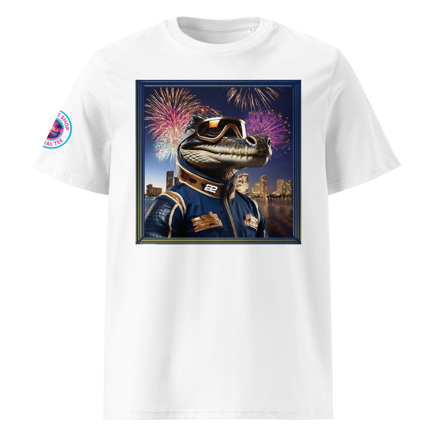 Front view of our Red Bull Racing F1 Gator Miami Grand Prix white t-shirt showcasing a dynamic gator racer against a vibrant Miami backdrop. A stylish addition to your wardrobe and a great conversation starter.