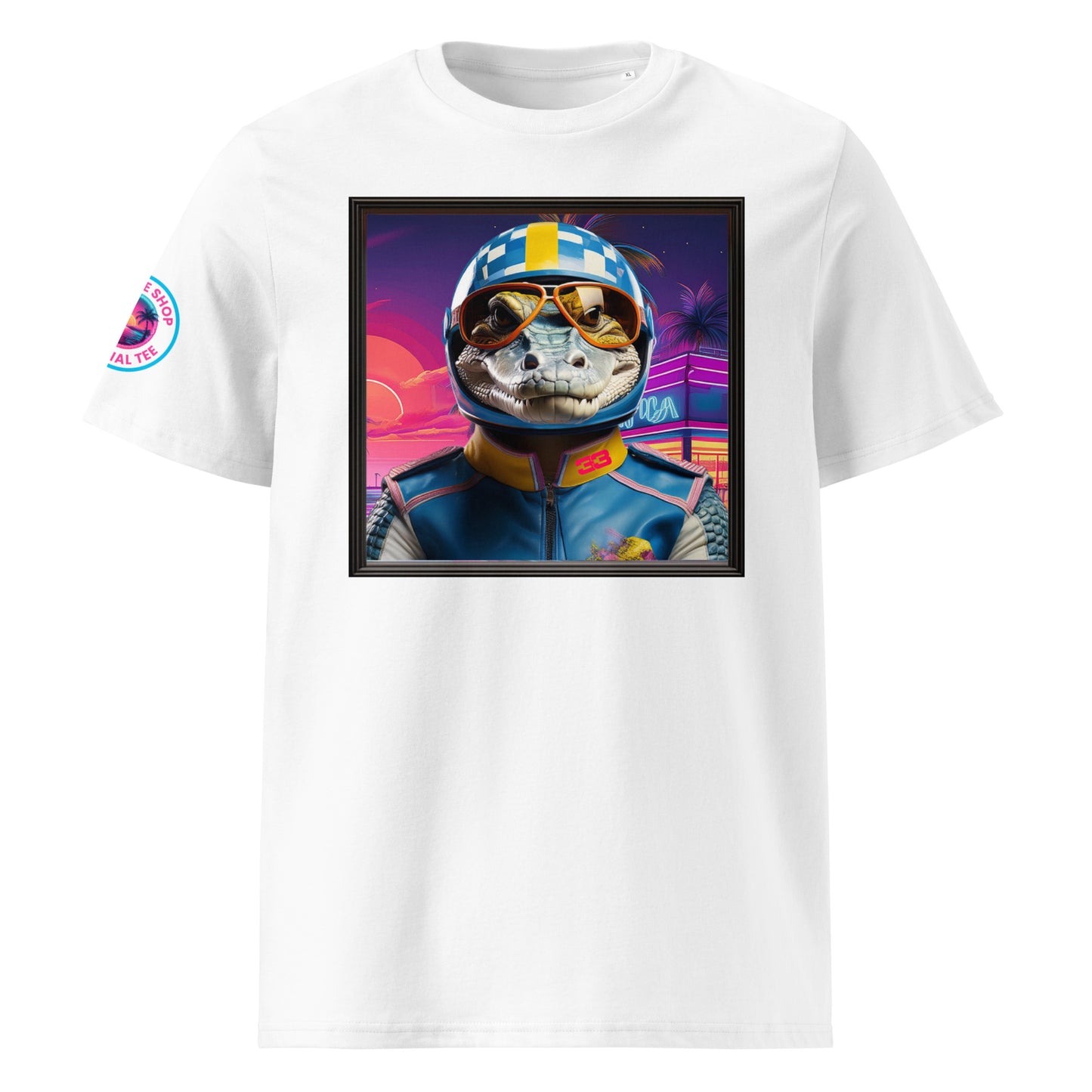 Front view of our Red Bull Racing t-shirt showcasing a dynamic racer against a vibrant Miami sunset backdrop.